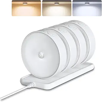 EZVALO 4 Pack Motion Sensor Closet Lights with Charging Station, 1200mAh Rechargeable LED Under Cabinet Lighting, Puck Light, Dimmable, 3 Color Temps, Magnetic, Stick-On for Kitchen, Closet, Stairs