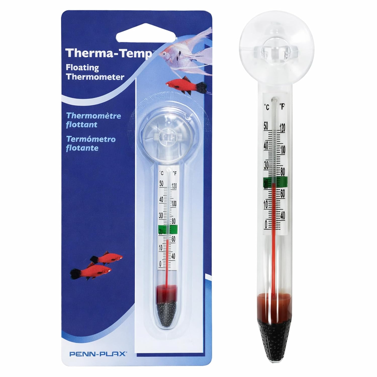Penn-Plax Therma-Temp Floating Aquarium Thermometer - Easy to Read - Temperature Gauge with Optional Suction Cup & Removable Mount - Safe for Freshwater & Saltwater Tanks - Multicolor, 4.25 Inches