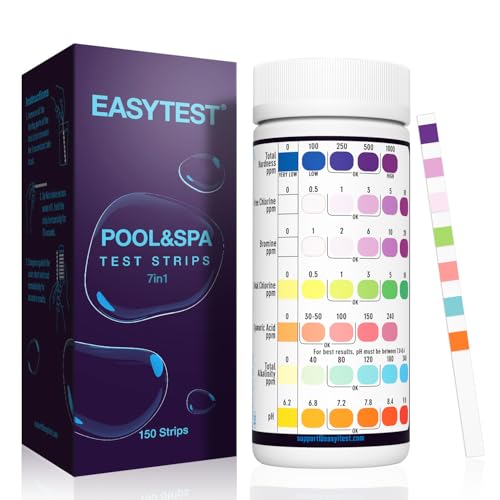 EASYTEST 7-Way Pool Test Strips, 150 Strips Water Test for Hot tub and Spa | Water Chemical Testing kit for Bromine, Total Alkalinity, pH, Free Chlorine, Total Hardness, Cyanuric Acid, Total Chlorine