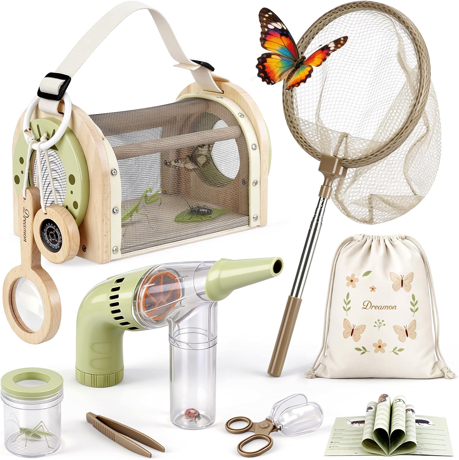 Wooden Kids Bug Catching Kit, Dreamon 11 Pieces Outdoor Explorer Kit with Wooden Bug Habitat, Bug Vacuum, Butterfly Net, Compass and Magnifying Glass