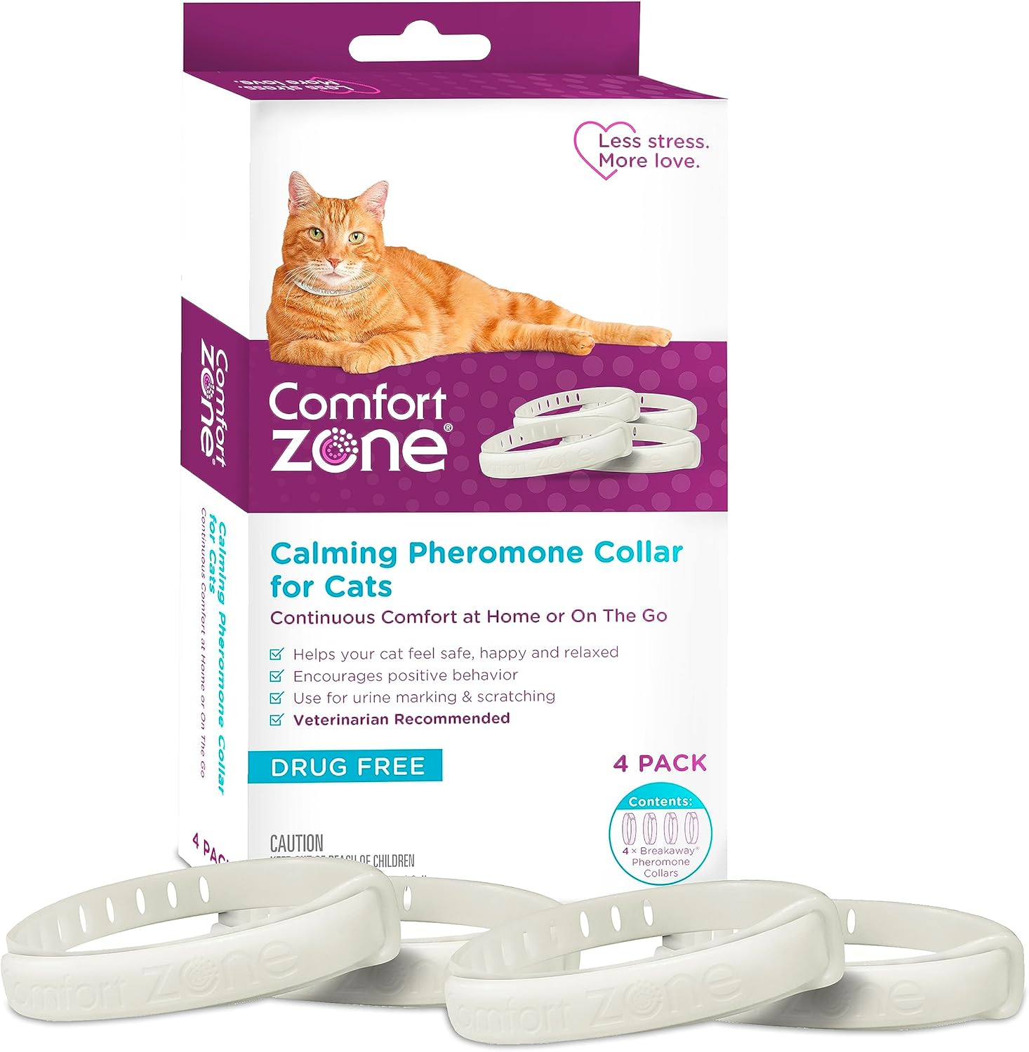 Comfort Zone Cat Calming Collar Value Pack: 4 30-Day Collars | Reduce cat stress, for adult cats, breakaway design, adjustable size, drug & fragrance free, expert recommended, 24/7 calming