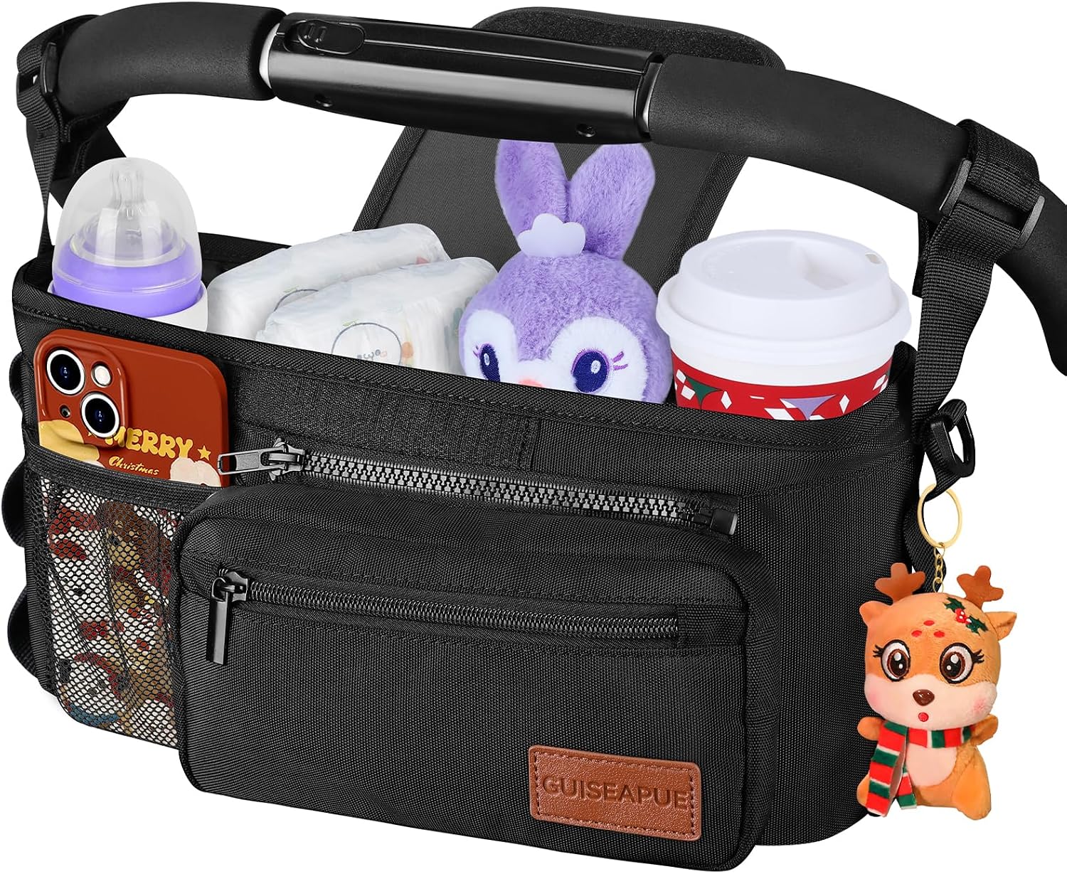 Stroller Organizer with Cup Holder, Non-Slip Stroller Caddy Baby Essentials | Universal Stroller Bag Accessories with Detachable Phone Bag, Fits for Uppababy, Baby Jogger, Christmas New Moms Baby Gifts