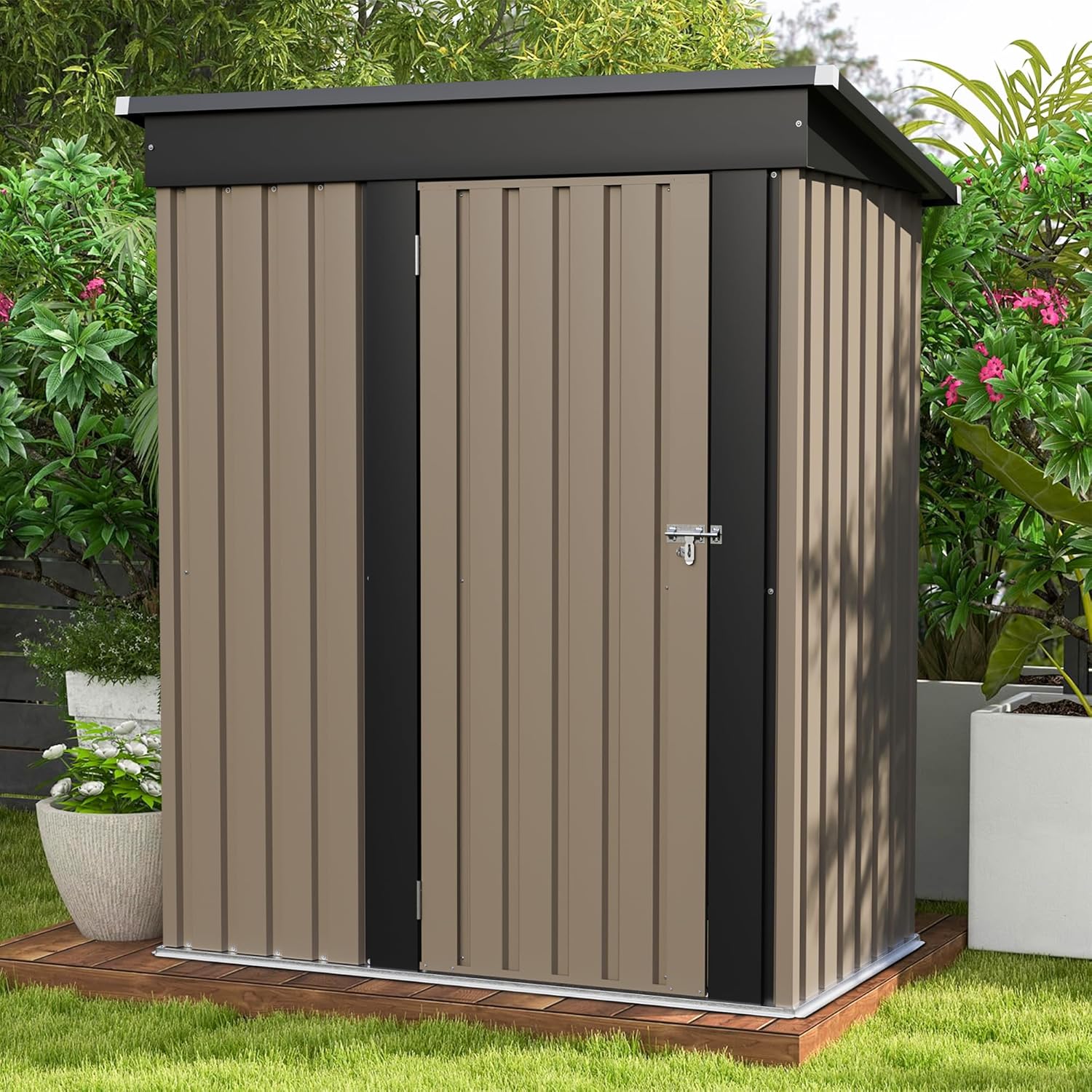 Patiowell 5x3 FT Outdoor Storage Shed, Tool Shed with Sloping Roof and Lockable Door, Metal Shed for Backyard Garden Patio Lawn, Brown