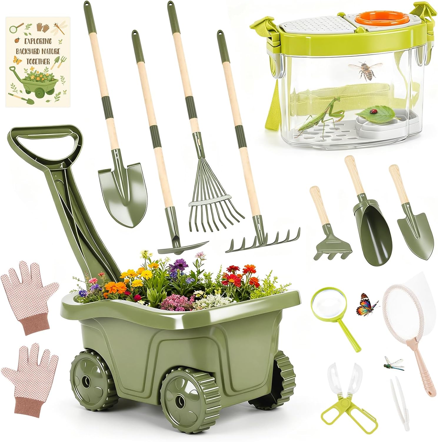 Dreamon Kids Gardening Set, 14 Pieces Kids Gardening Tool with Bug Catching Kit, Wheelbarrow and Bug House, Green