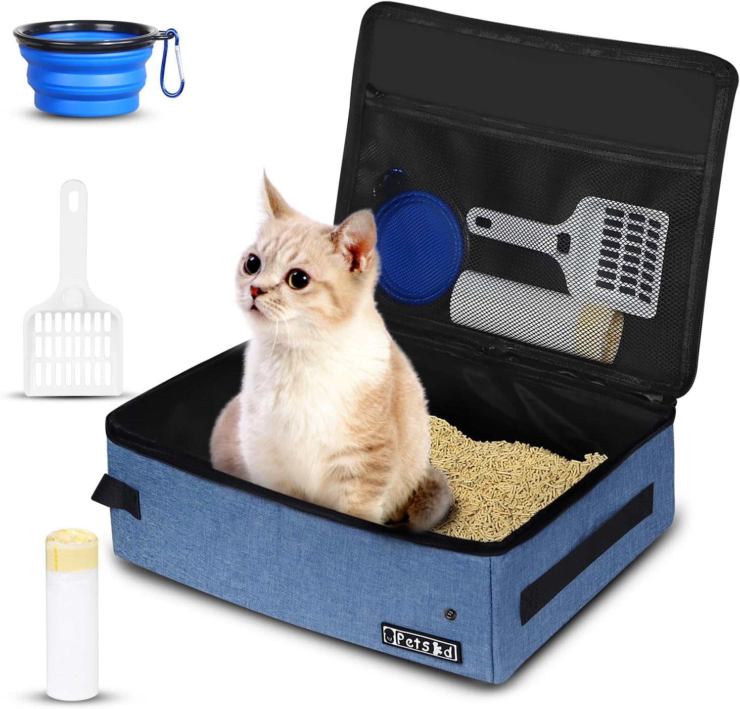 Petskd Portable Cat Travel Litter Box with Lid, Blue, 10 Disposable Liner Bags
