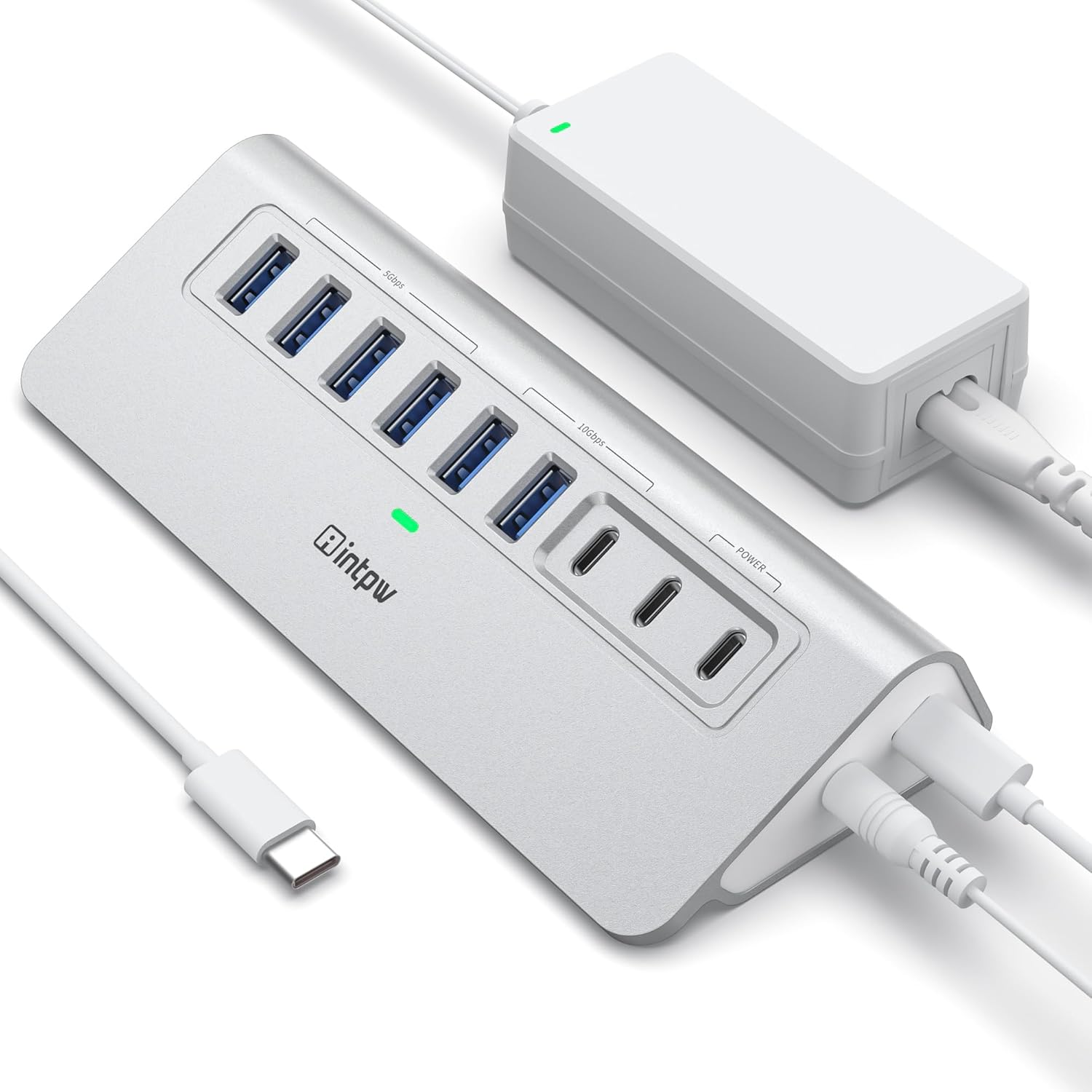 Powered USB Hub 10Gbps, intpw 9-Port USB 3.2 Hub, USB C Hub with USB A/USB C 3.2, 4 USB 3.0, 2 PD 45W Charging Ports, 65W Power Adapter and 3.3FT Cable, Aluminum USB Hub for PC,Laptop,iPhone 17/16/15
