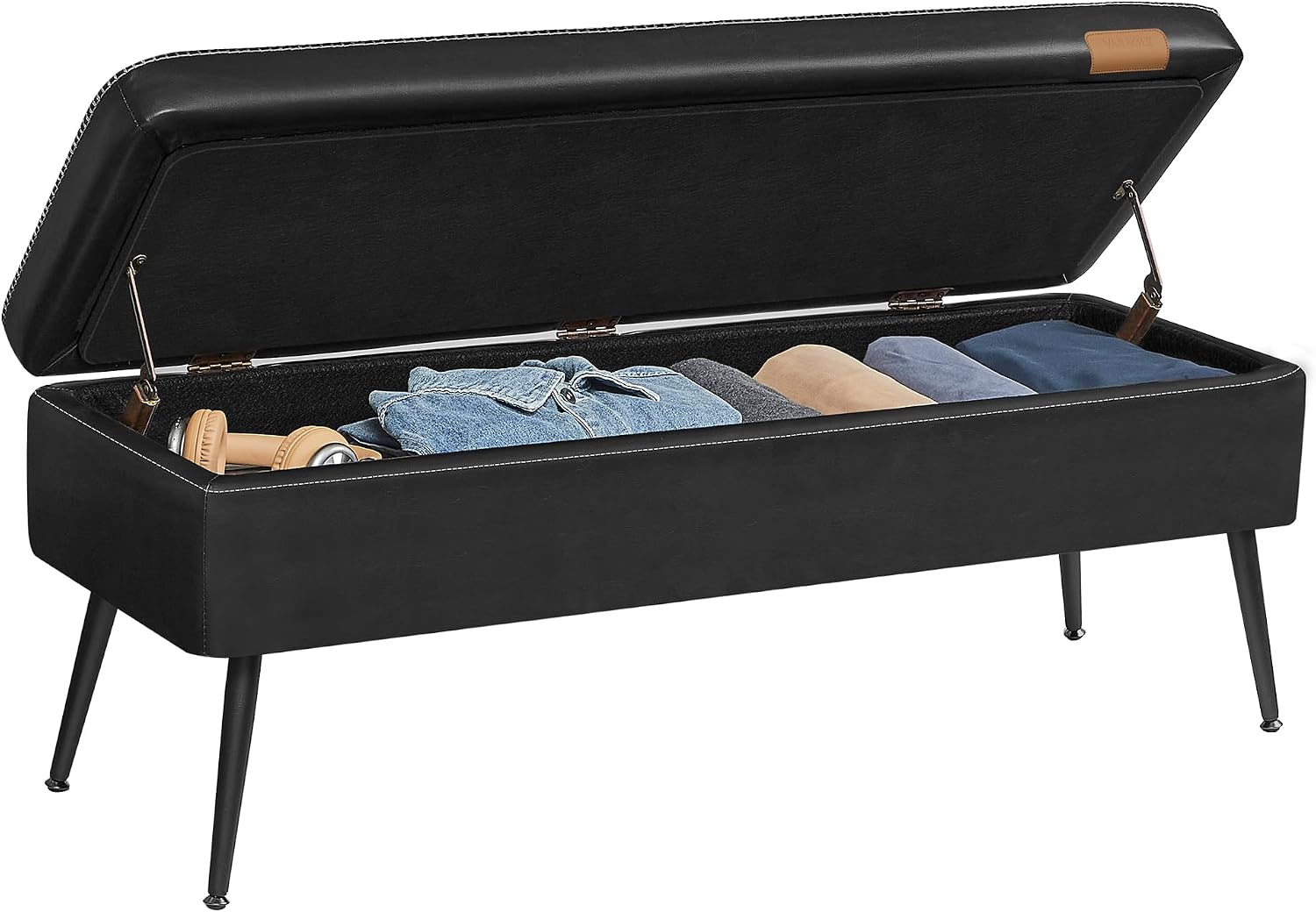 VASAGLE EKHO Collection - Storage Ottoman Bench, Entryway Bedroom Bench, 15 Gallons, Synthetic Leather with Stitching, Mid-Century Modern, Safety Hinges, Loads 660 lb, Ink Black ULOM074B01