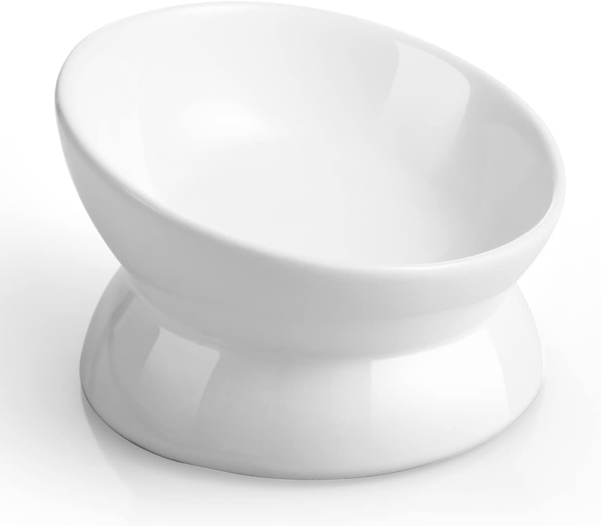 LoeJan Elevated Cat Food Bowl, 5 Oz Ceramic Raised and Tilted Water Bowl, Anti Vomiting and Protect Pets' Spines Dishes for Small Dog, Fat Faced Cat, Kitten (White, 1 Pack)