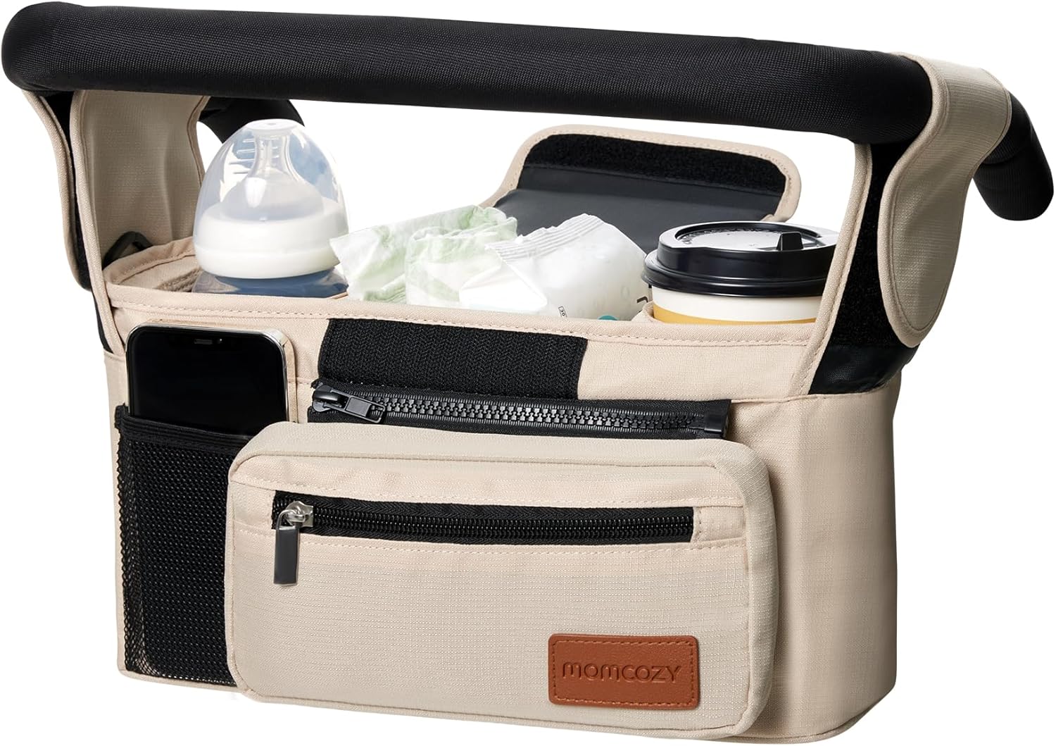 Momcozy Universal Baby Stroller Organizer, 2 Insulated Cup Holder, Detachable Zippered Pocket, Adjustable Shoulder Strap, Large capacity for baby essentials, Compact Design Fits Any Strollers