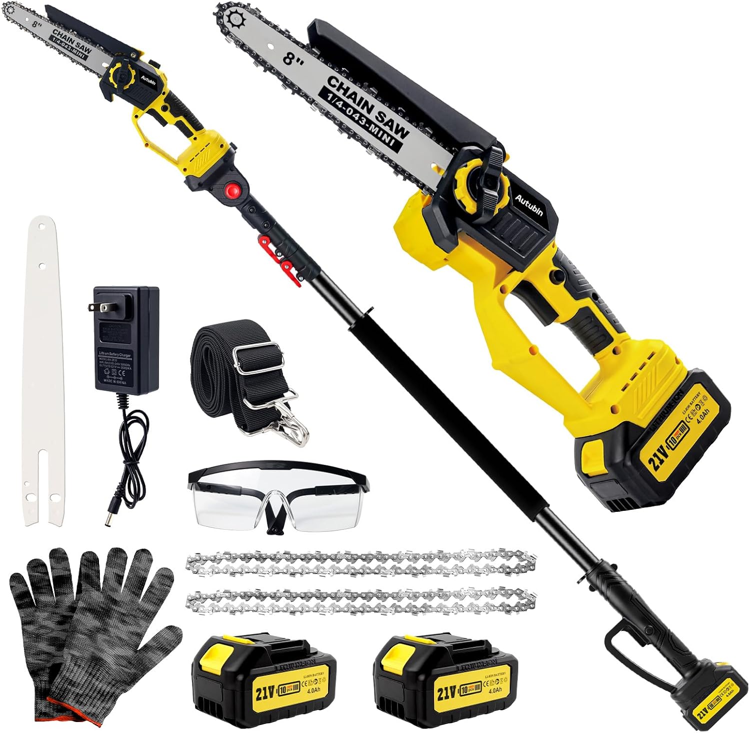 Brushless 2-IN-1 Cordless Pole Saw & Mini Chainsaw, 8 Inch Max Reach 16 Ft | 2× 21V 4.0Ah Battery, Multi-Angle Electric Pole Saw for Tree Trimming, Pole Saw Battery Powered for Branch Cutting