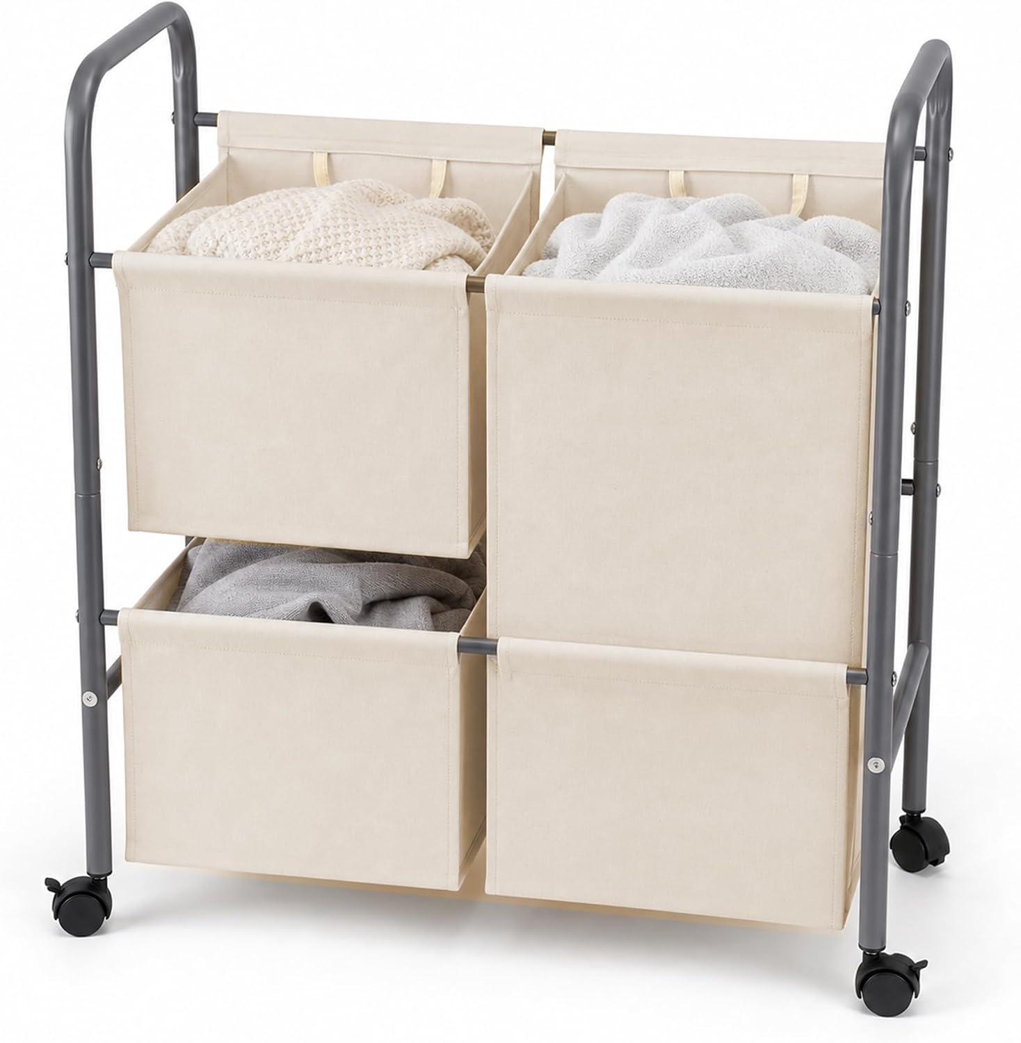 130L Laundry Hamper with Wheels, 3 Section Laundry Sorter Cart with Removable Bags, Rolling Clothes Hamper with Waterproof Lining, Sturdy Freestanding Canvas Laundry Basket for Laundry Room, Beige