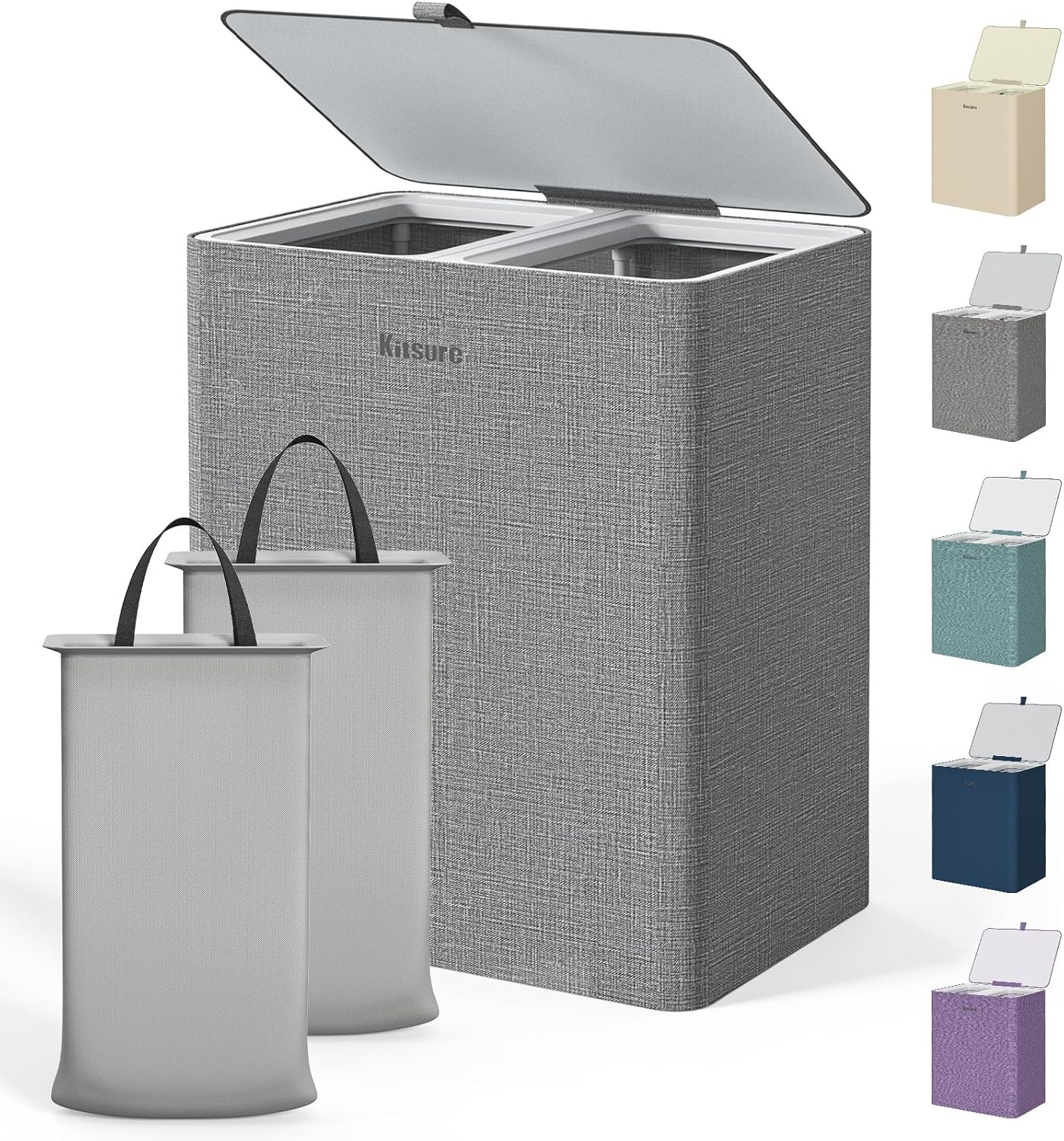 Kitsure Laundry Basket 160L, 2-Compartment Sorter, Removable Bags | Laundry Room, Bathroom, Bedroom, Families, Large Capacity, Lid Design, Gray, 2 Compartments