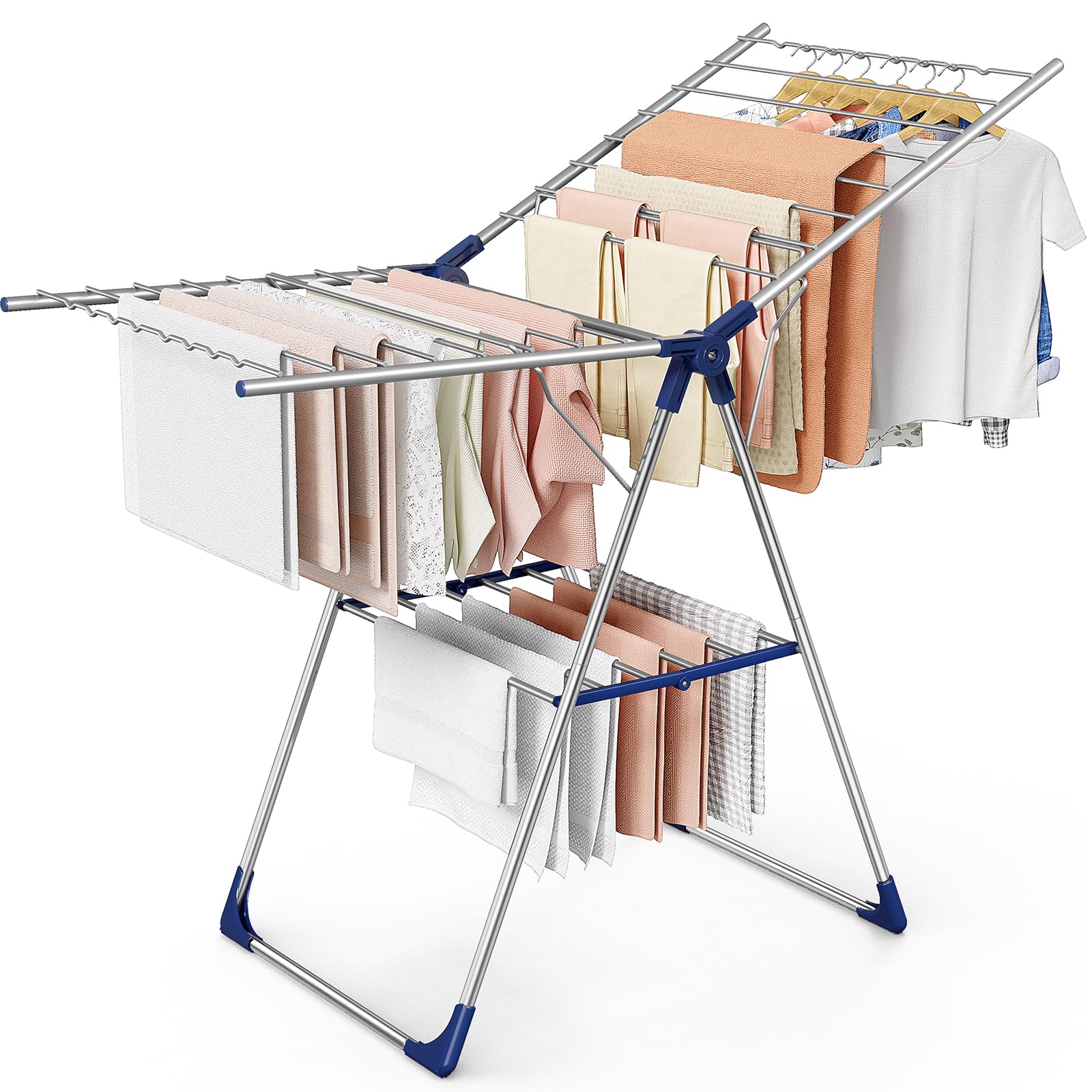 Sakugi Clothes Drying Rack, 55.5 in Adjustable Wings, Foldable Design, Height Adjustable, Collapsible, Silver Blue