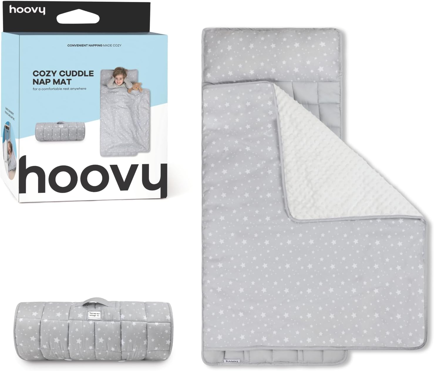 Cozy Cuddle Nap Mat for Kids, Gray Star Pattern, Ultra-Soft Minky Fabric, 54x50 Inch, Machine Washable, Built-in Pillow, Portable with Carry Handle