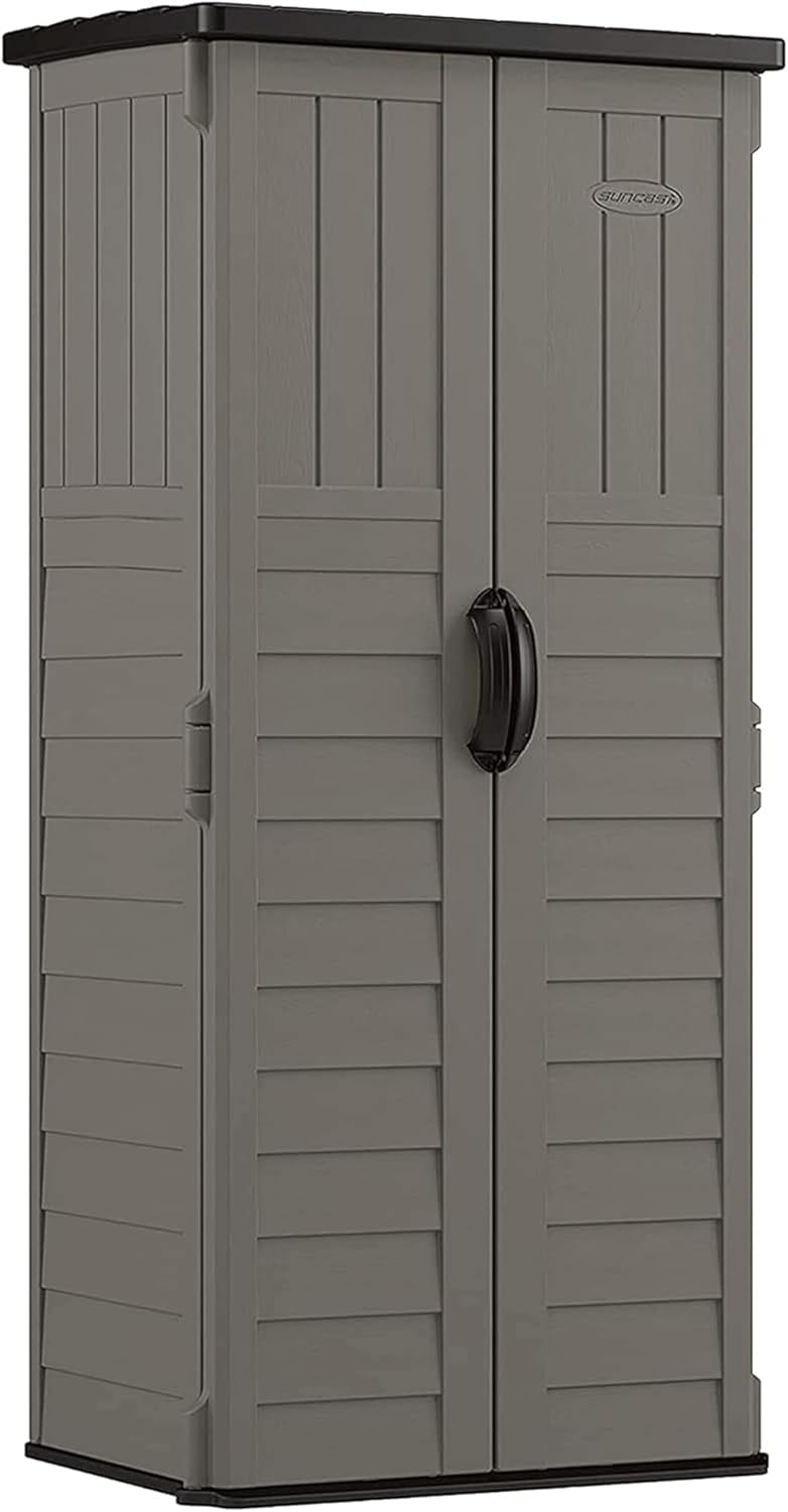Suncast 22 Cu Ft, Vertical Storage Shed, Pad-Lockable Double Doors, Stoney