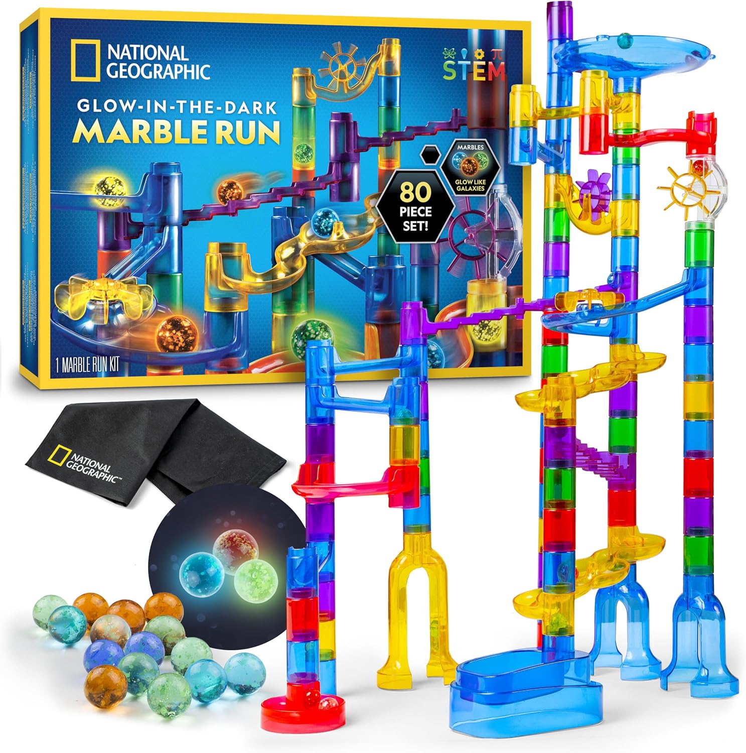 National Geographic Glow-in-the-Dark Marble Run for Kids Ages 8-12 | 15 Glow-in-the-Dark Glass Marbles, Storage Bag, Construction Toy, STEM Building Project, Birthday Gift