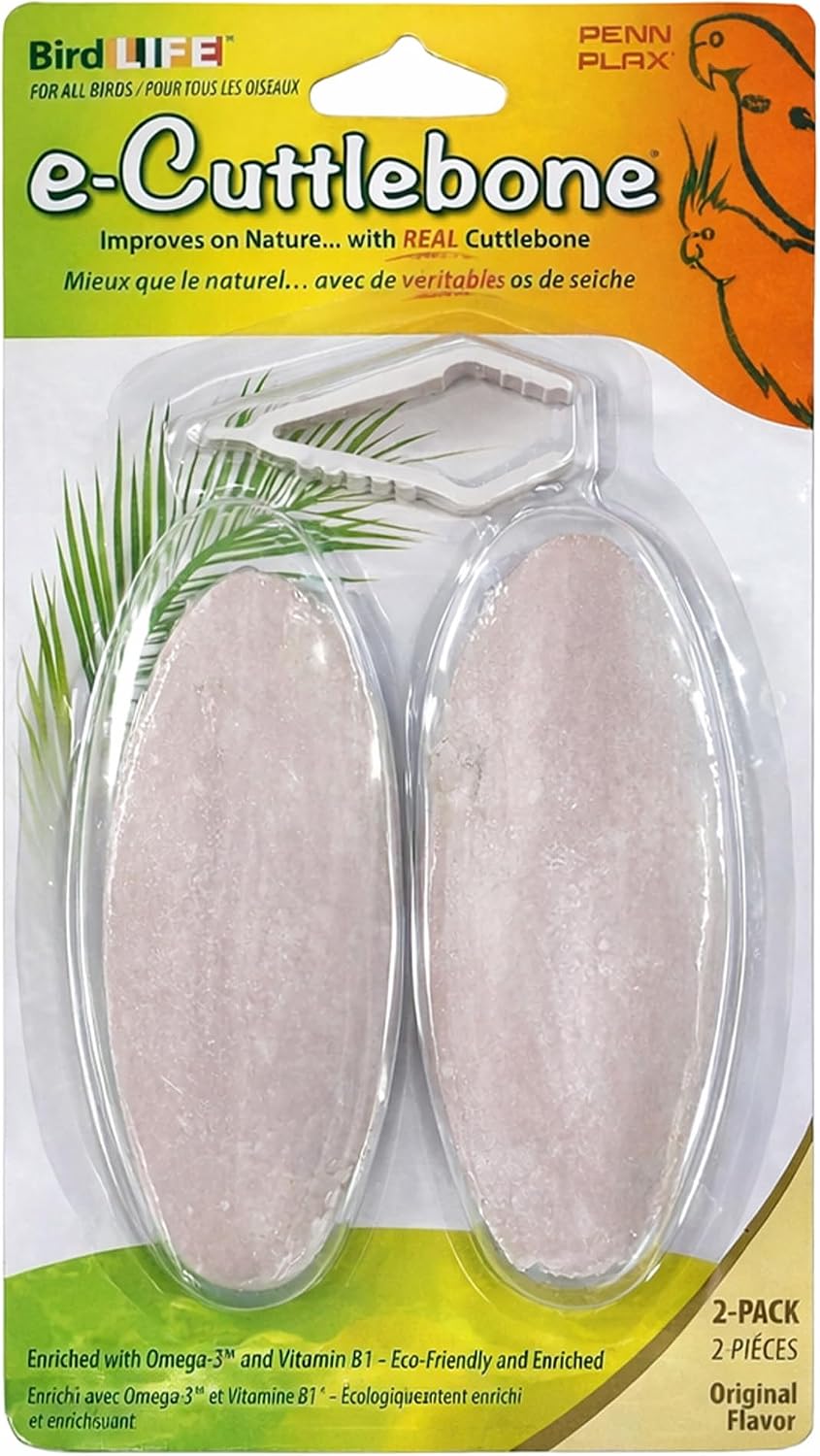 Penn-Plax Bird-Life E-Cuttlebone Original, 1 Pk (2 Counts) - Durable, Less Brittle Cuttlebones Enriched with Omega 3, Honey &amp; Vitamin B1 - Easy Mounting, Cage Clip - Great for All Bird Sizes - White