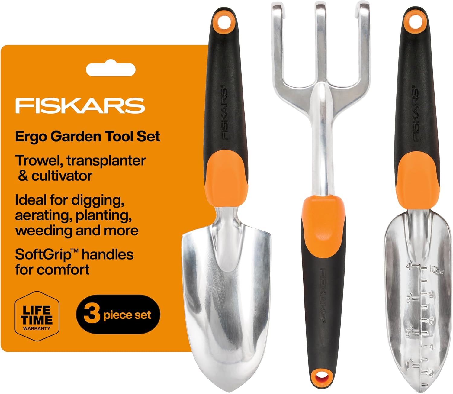 Fiskars 3-Piece Garden Hand Tools Set w/ Trowel, Transplanter & Cultivator