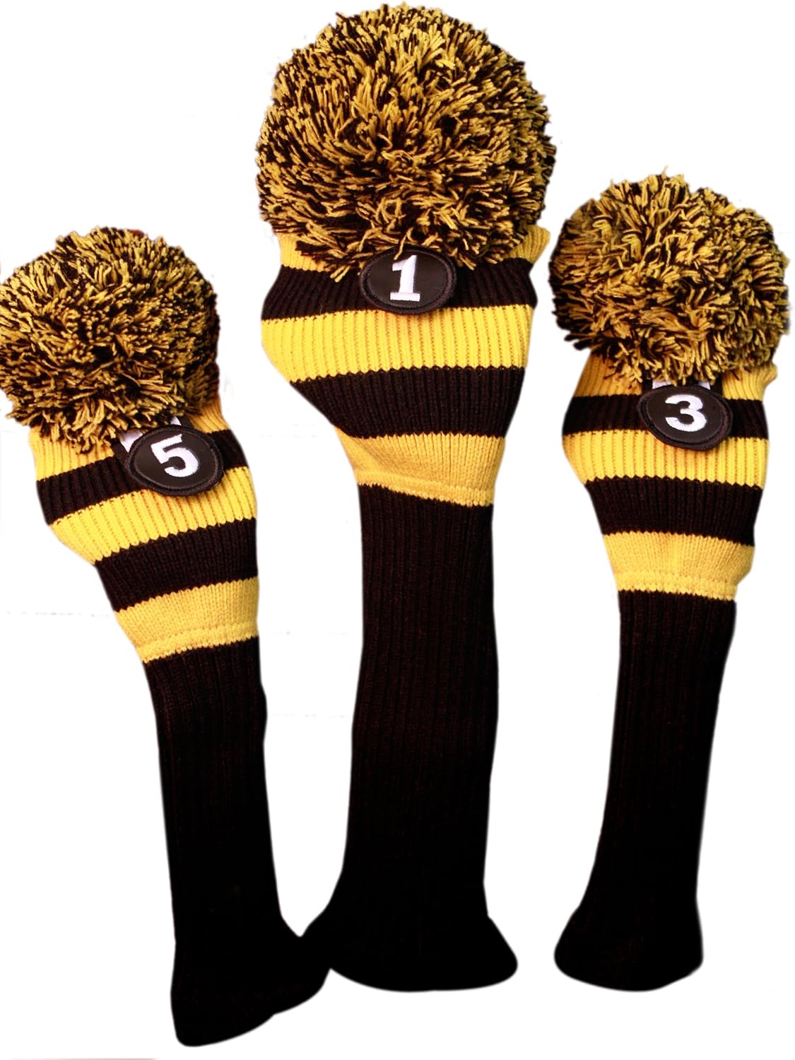 Majek Golf Club Head Covers Black and Yellow Limited Edition Throwback Long Neck Knit Retro Pom Pom Traditional Classic Vintage Old School Ultimate 460cc Driver Fairway Wood Golf Head Cover Stripe Set