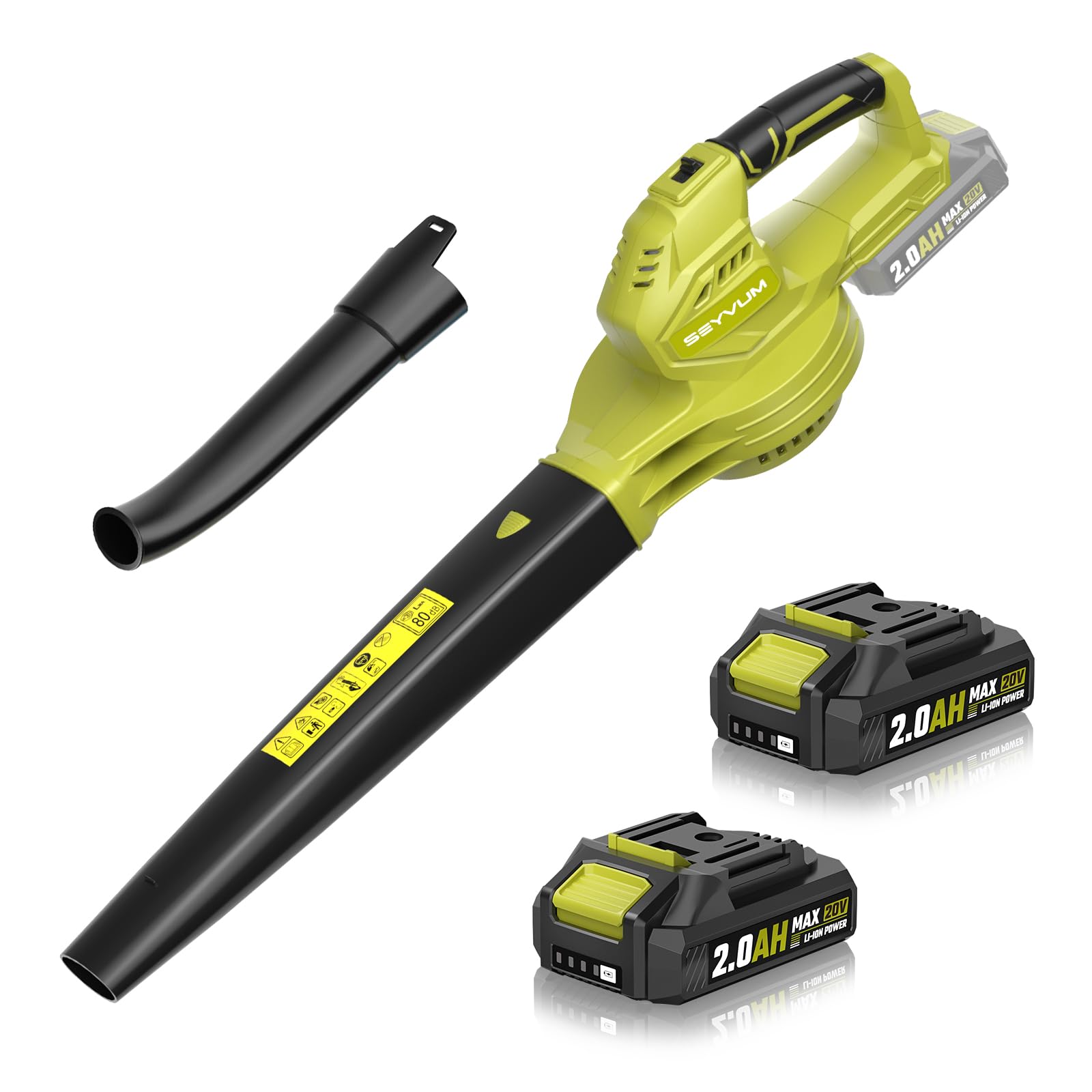 SEYVUM Leaf Blower 20V Cordless, with 2 x 2.0Ah Battery, 350 CFM 150 MPH | 15000 RPM, for Patio Cleaning, Fast Charger Included, Lemon Green