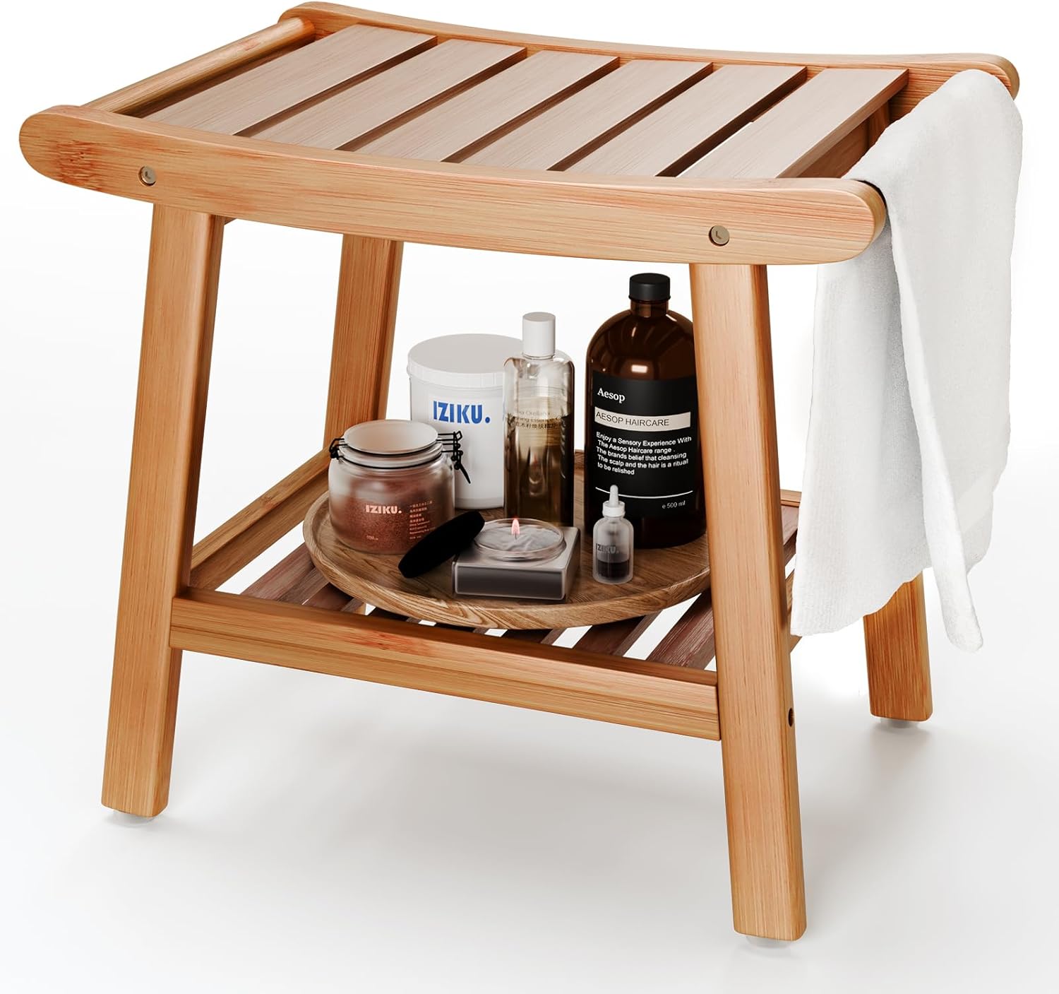Bamboo Shower Stool Bench,Shower Chair for Inside Shower with Storage Shelf | Natural Bamboo,Large Storage,Ergonomic Curved Design,A-Shaped Stable Construction,Non-Slip Rubber Feet,Hold 300lbs
