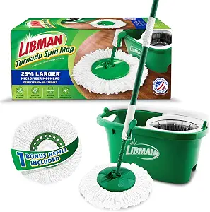 Libman Tornado Spin Mop System and 1 Refill, Mop and Bucket with Wringer Set for Hardwood Floor Cleaning, 2 Total Heads Included