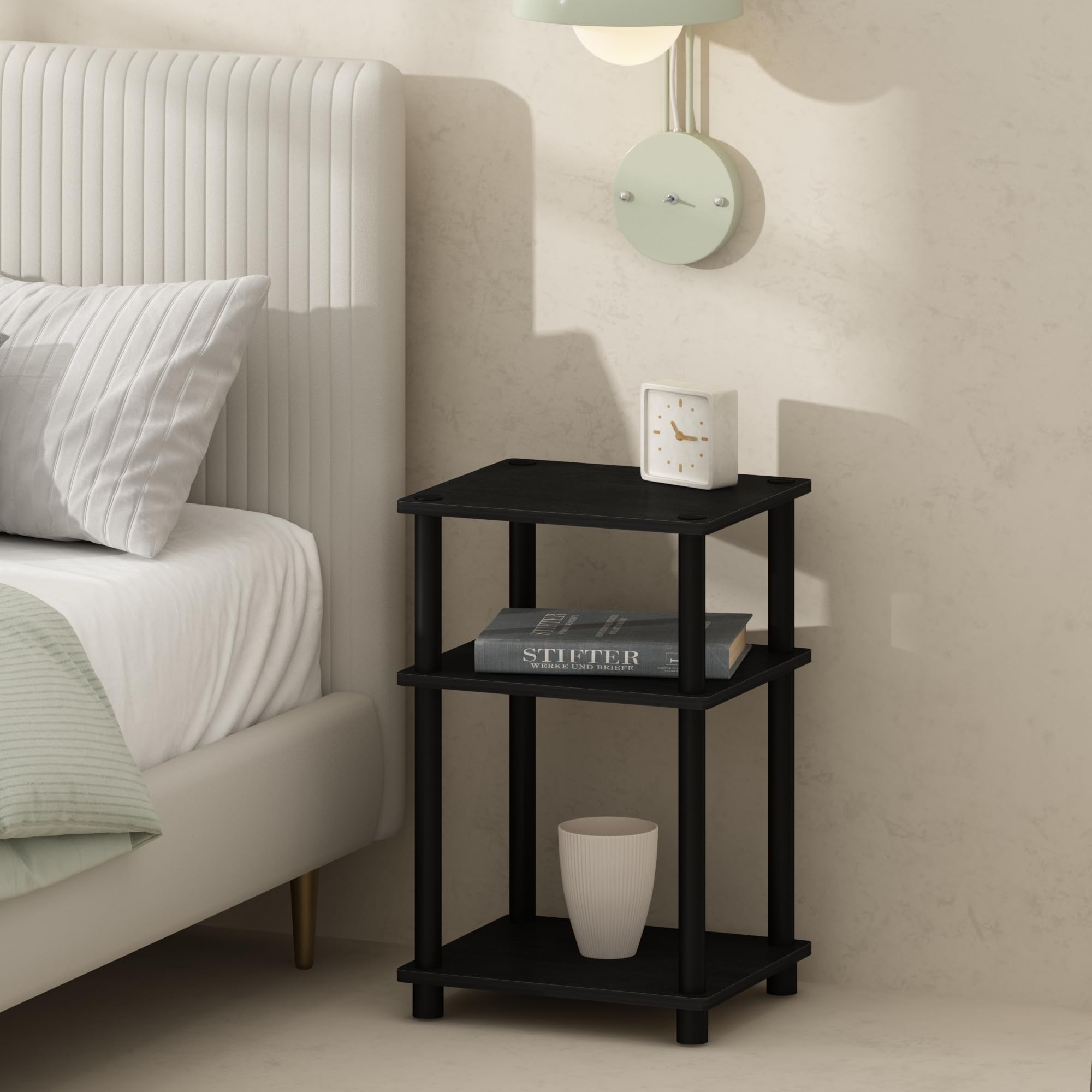 Furinno Just 3-Tier Turn-N-Tube Open Storage Nightstand, 1-Pack, Plastic Poles, Americano Black