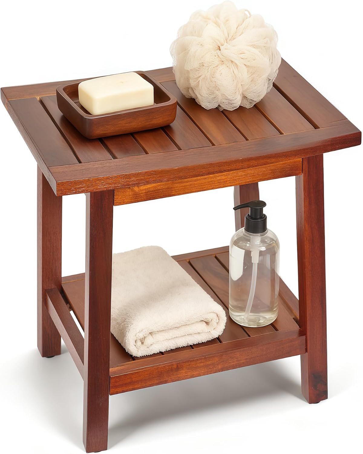 Upolana Teak Shower Bench, 16' Solid Acacia Wood Shower Stool Waterproof Shower Seat with Storage Shelf for Bathroom, Indoor & Outdoor Use