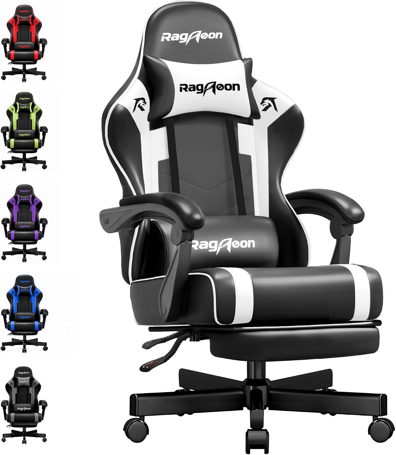 Gaming Chair for Adults Gamer Game Ergonomic PC Chair, 7-Point Support | Pocket Springs & Foam,51cm Wide Seat,Sync Armrests, 90°-135° Backrest, PU Leather, Black and White, 400lbs Load