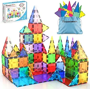 PicassoTiles 100 Piece Magnetic Tiles, Clear 3D Building Blocks