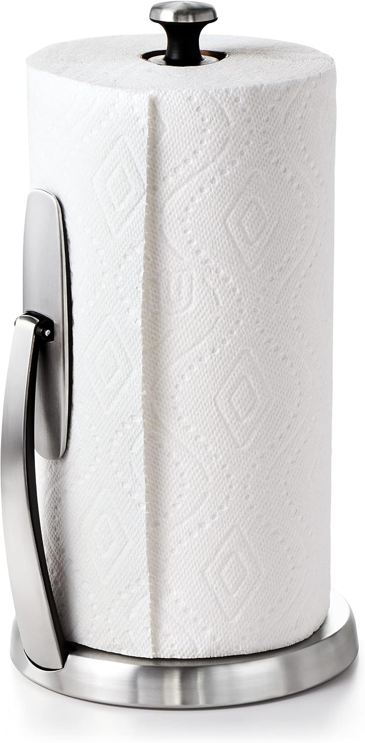 OXO Good Grips SimplyTear Paper Towel Holder Countertop for Kitchen | One-handed Tear, Weighted Stainless Steel Non-Slip Base, Countertop Organizer, Stable Dispensing, Fits any Size of Rolls