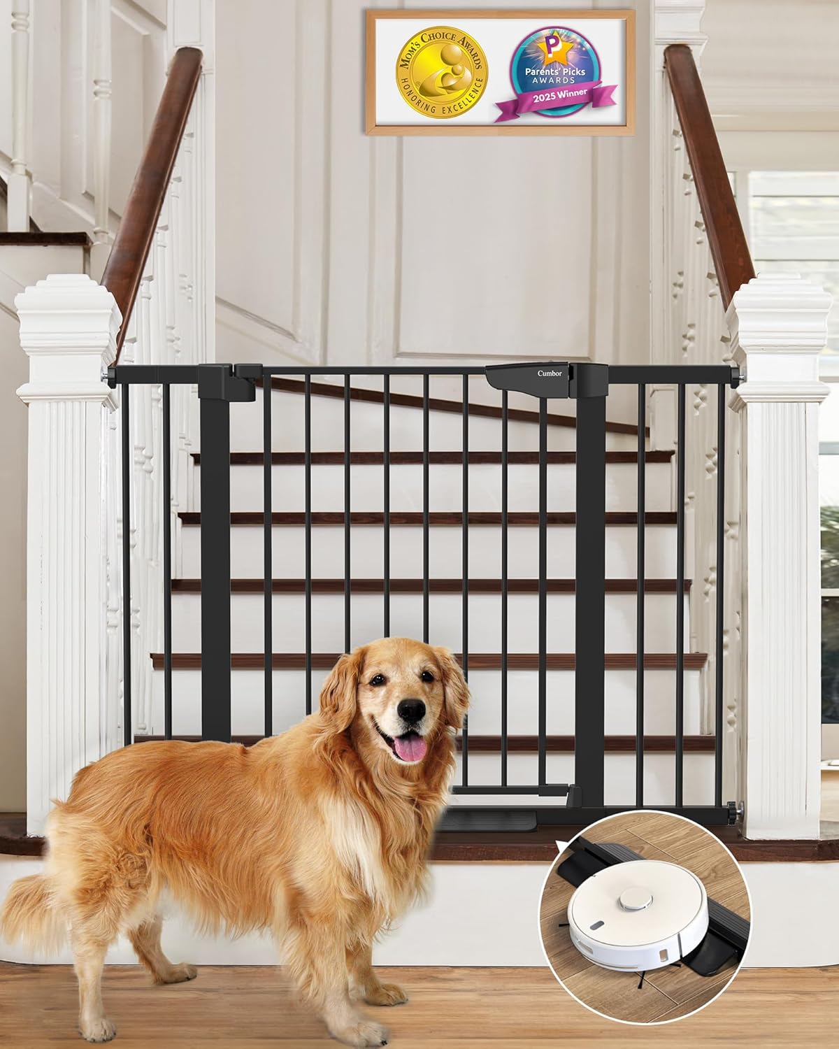 Cumbor 30-46" Baby Gate for Stairs, Auto Close Dog Gate for the House Black | Easy Install Pressure Mounted Pet Gates for Doorway, Dual Lock Indoor Safety Gate for Baby & Dog, Mom's Choice Awards Winner