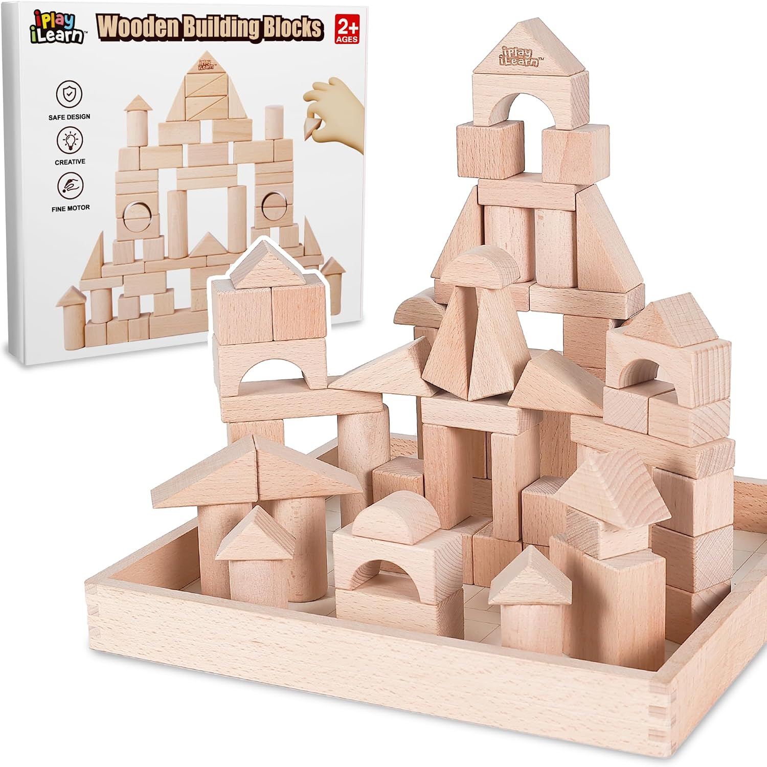 iPlay, iLearn Kid Wooden Building Block Toy Set, Toddler Natural Wood Block | Baby Montessori Learning Toy, Large Hardwood Stacking Brick Castle, Preschool Classroom Gift 2 3-5 8 Year Old Boy Girl Child
