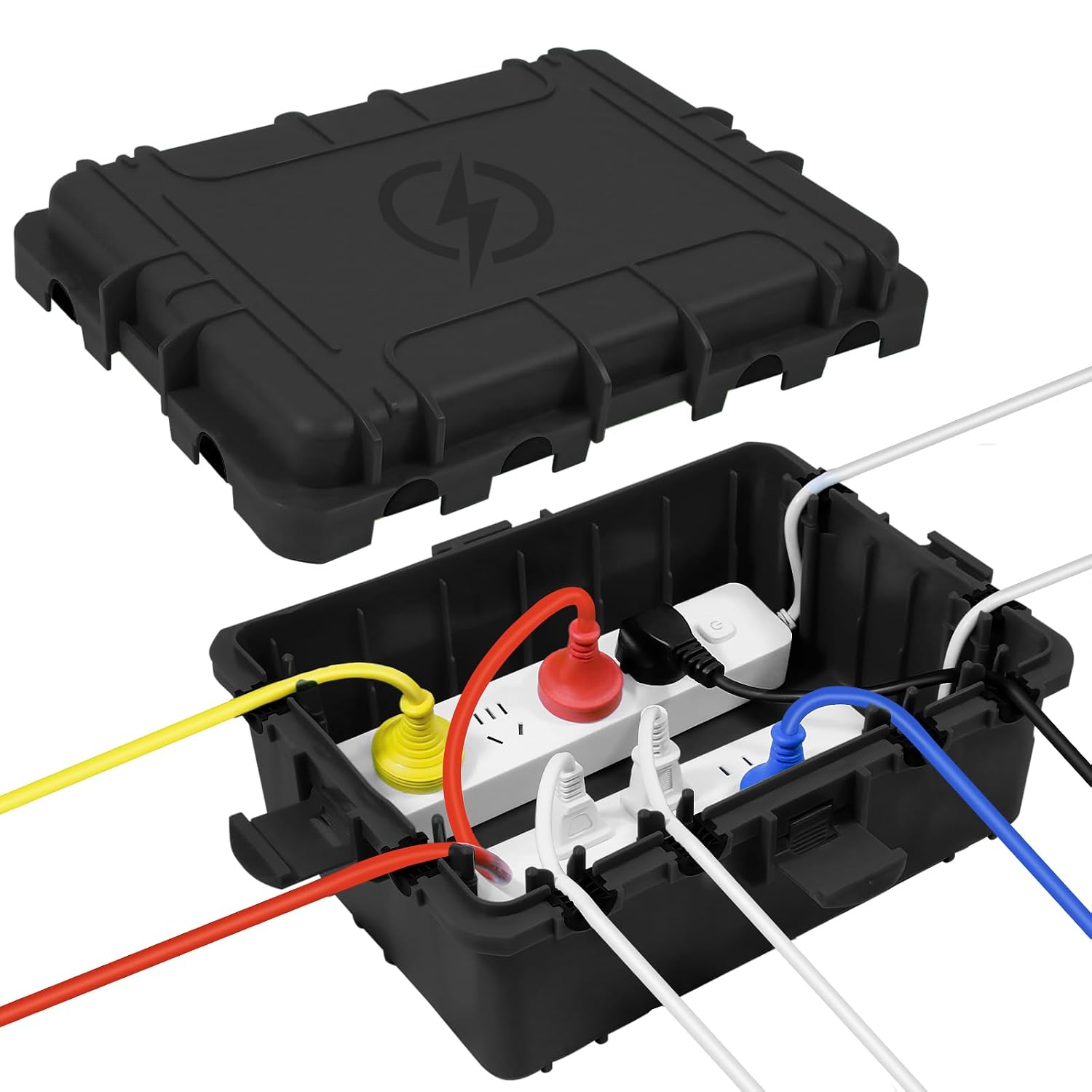 Large Outdoor Electrical Box IP54 Waterproof Black, Extension Cord Cover with 8 Cable Ports