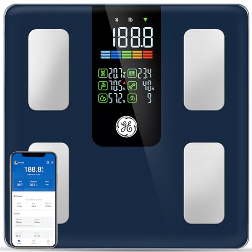 GE Smart Scale for Body Composition, Weight, Large 11.8-Inch Display, Bluetooth App Sync, Dark Blue