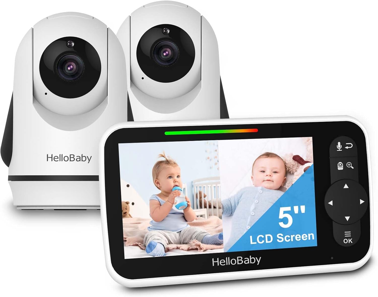 HelloBaby Baby Monitor with 2 Cameras and Audio, 5" Split Screen, No WiFi | Night Vision, 30-Hour Battery Life, ECO Mode, 2-Way Talk, Remote Pan-Tilt-Zoom Camera, Temperature Monitoring, 8 Lullabies