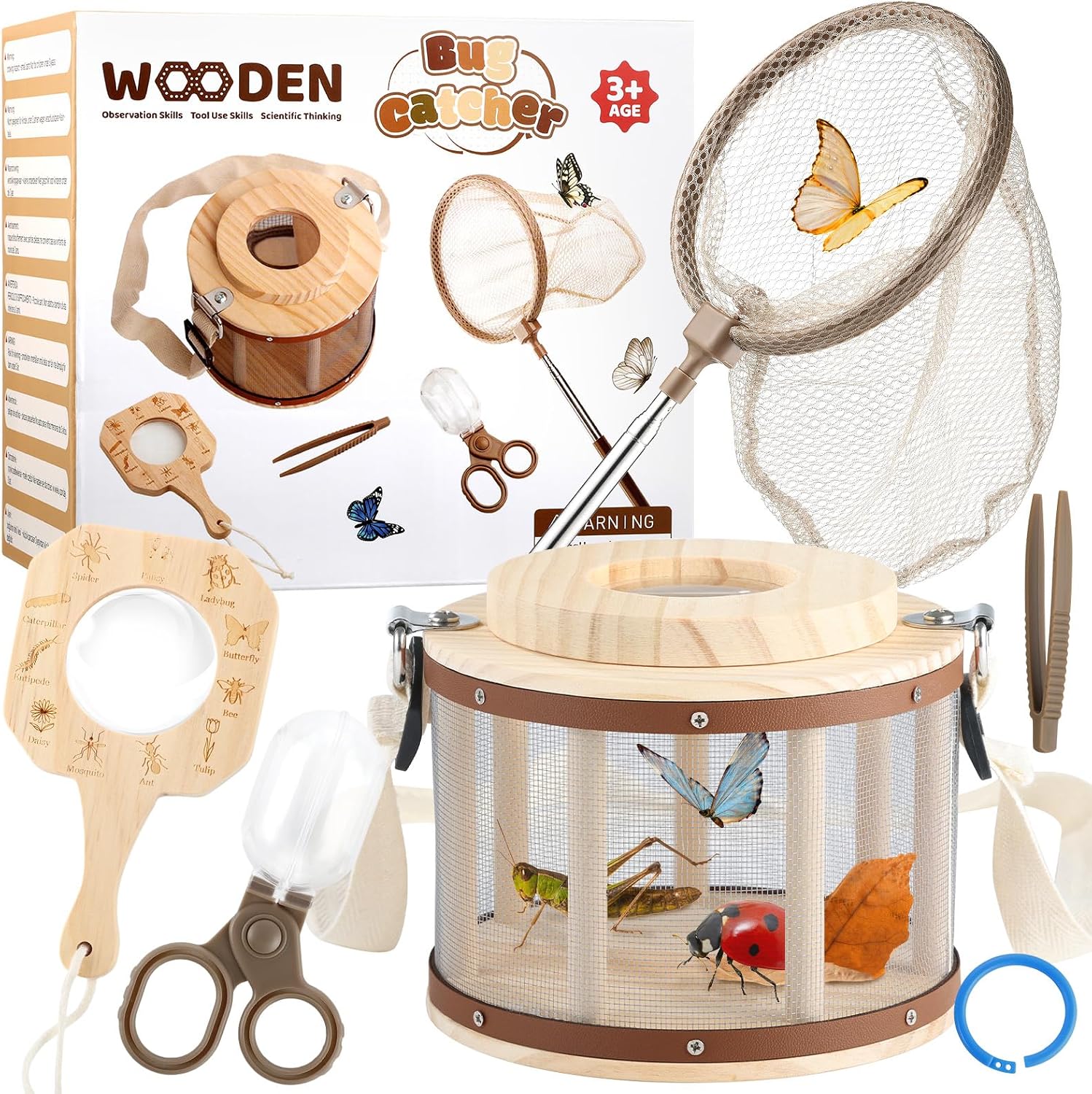 GAGAKU Wooden Bug Catcher Kit for Kids 4-8, Outdoor Explorer Set with Expandable Butterfly Net, Magnifying Glass, Tweezers, Educational Catching Toy for Backyard Camping, Gift for Boys Girls