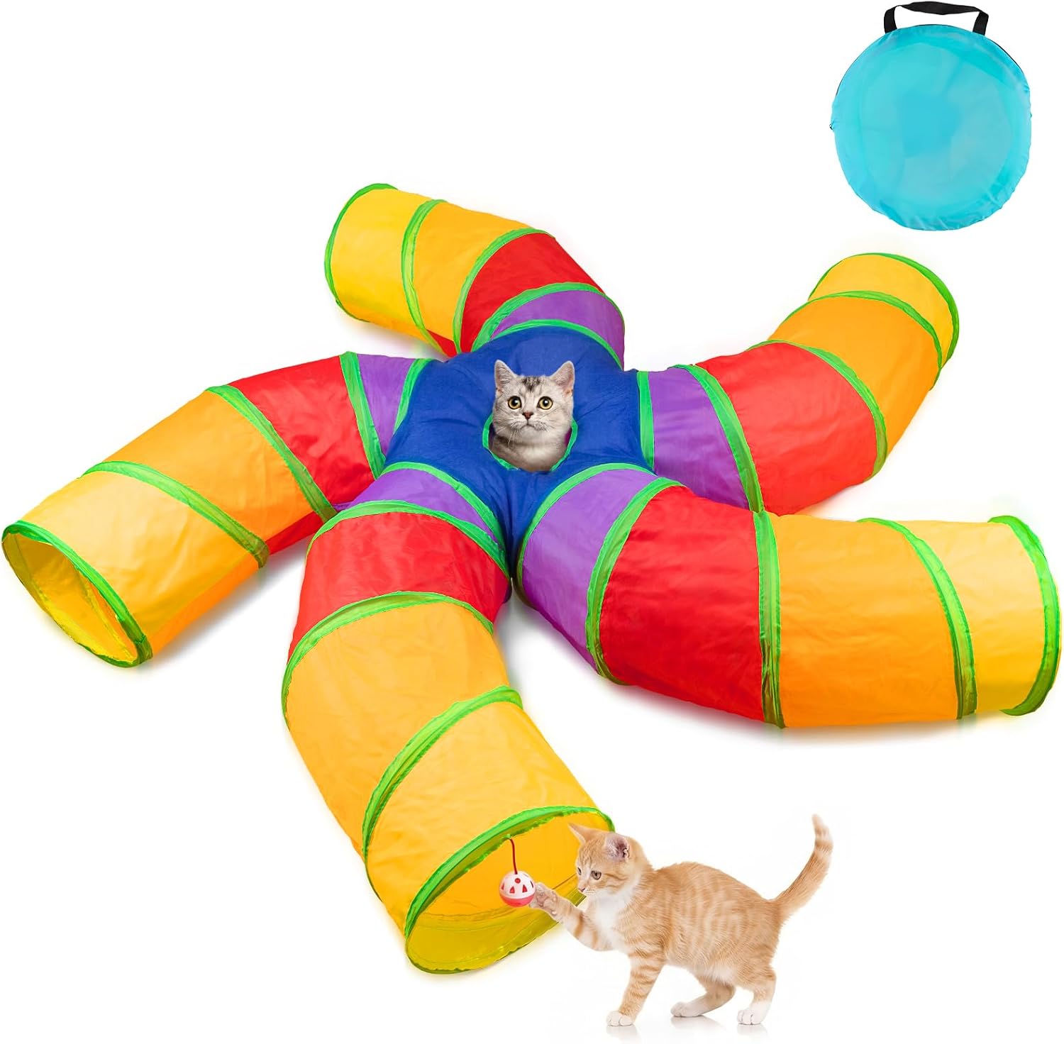 Depets Cat Tunnel for Indoor Cats, 5 Way Large Cat Play Tunnel & Tube with Play Ball, S-Shaped Folded Pet Tube with Interactive Peephole, Ideal for Indoor Exercise for Kittens Puppies Rabbits