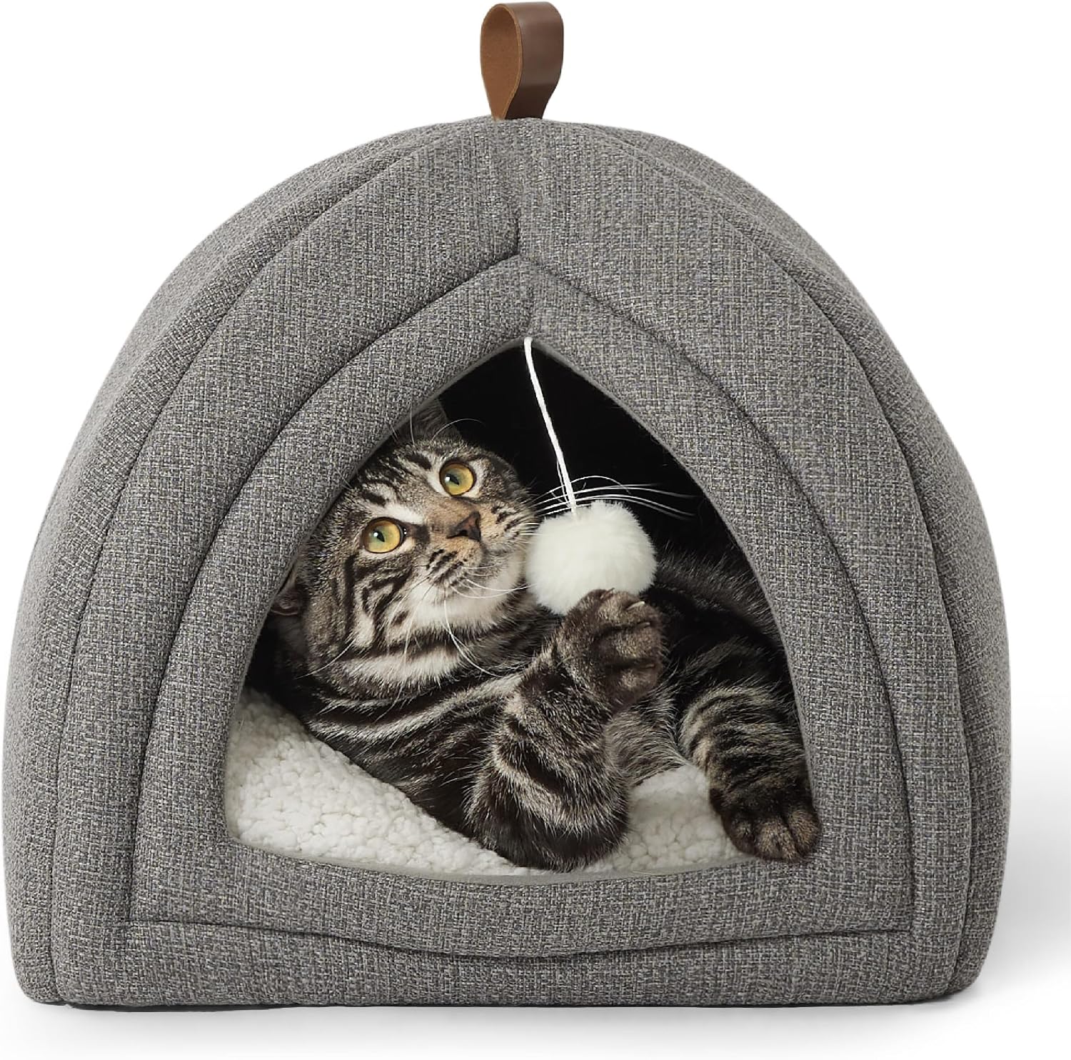 Bedsure 2in1 Cat Beds for Indoor Cats Cave for Kitten with Washable Pillow | 16in, Cat House for Small Pet, Covered Cat Tent, Foldable Hideaway, Fluffy Ball, Anti Slip Bottom, Removable Cushioned ,Grey