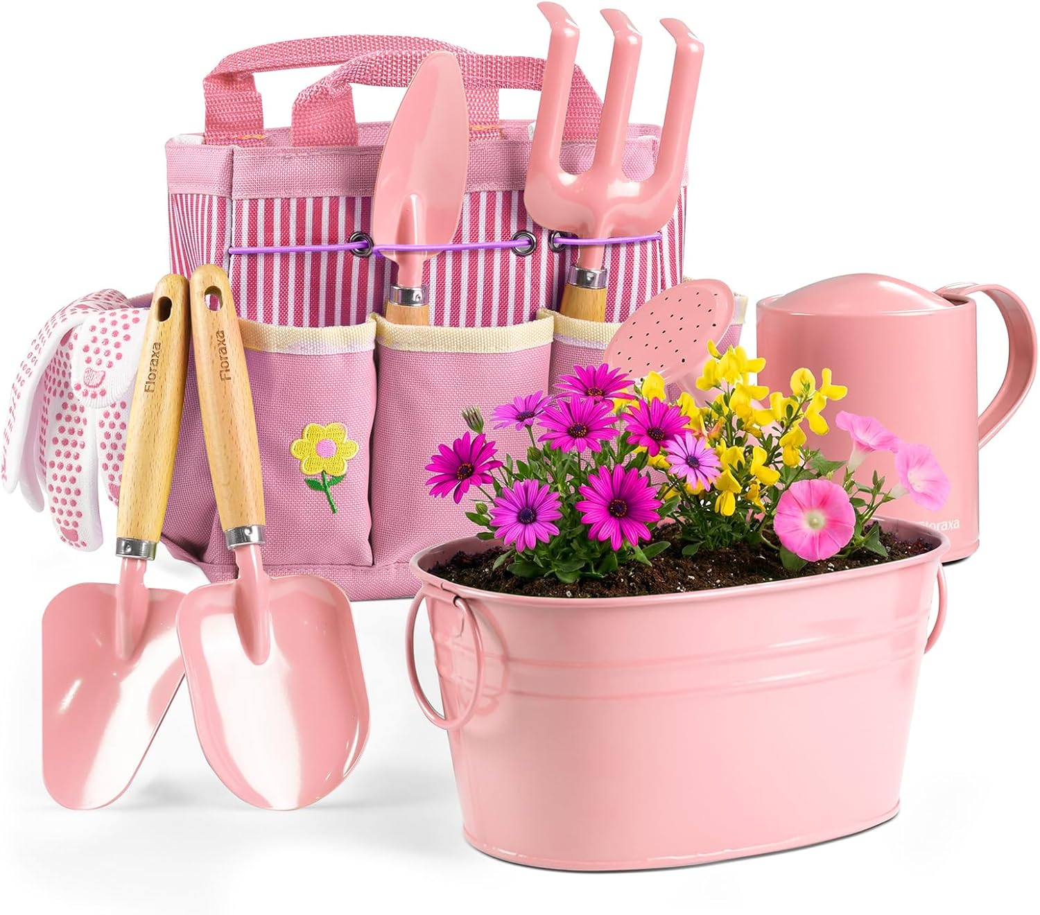 8Pcs Kids Gardening Set with Real Metal Tools & Metal Basket, Pink | 3 Wooden Handles, STEM Outdoor Exploration, Includes Shovels, Rake, Watering Can, Gloves, Suitable for Toddler Boys Girls