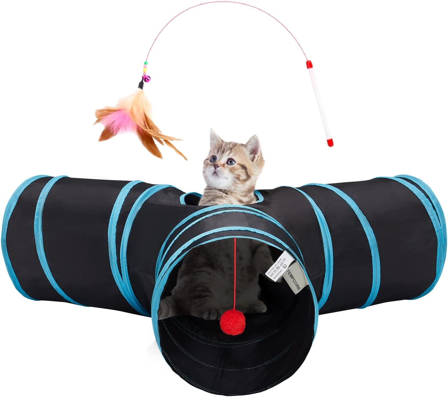 Tempcore Pet Cat Tunnel Tube Toys 3 Way Collapsible, Tunnels for Indoor Cats, Interactive Tube with Teaser Wand, Peek Holes & Hanging Ball, Black & Blue