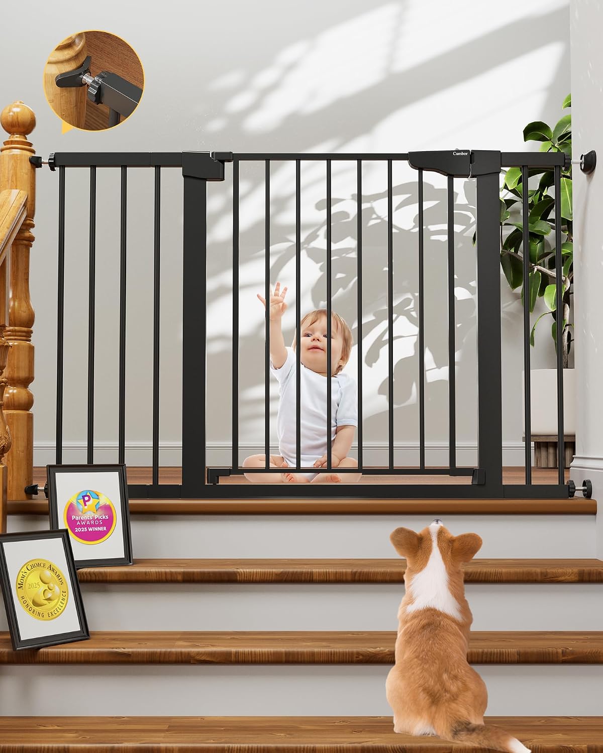 Cumbor 30-48 in Baby Gate for Stairs, Auto Close Dog Gate Indoor, Black | Mom's Choice Awards Winner, Double Lock Safety for Doorways, One-Hand Open Child Gate for Toddlers & Pets, Pressure Mounted