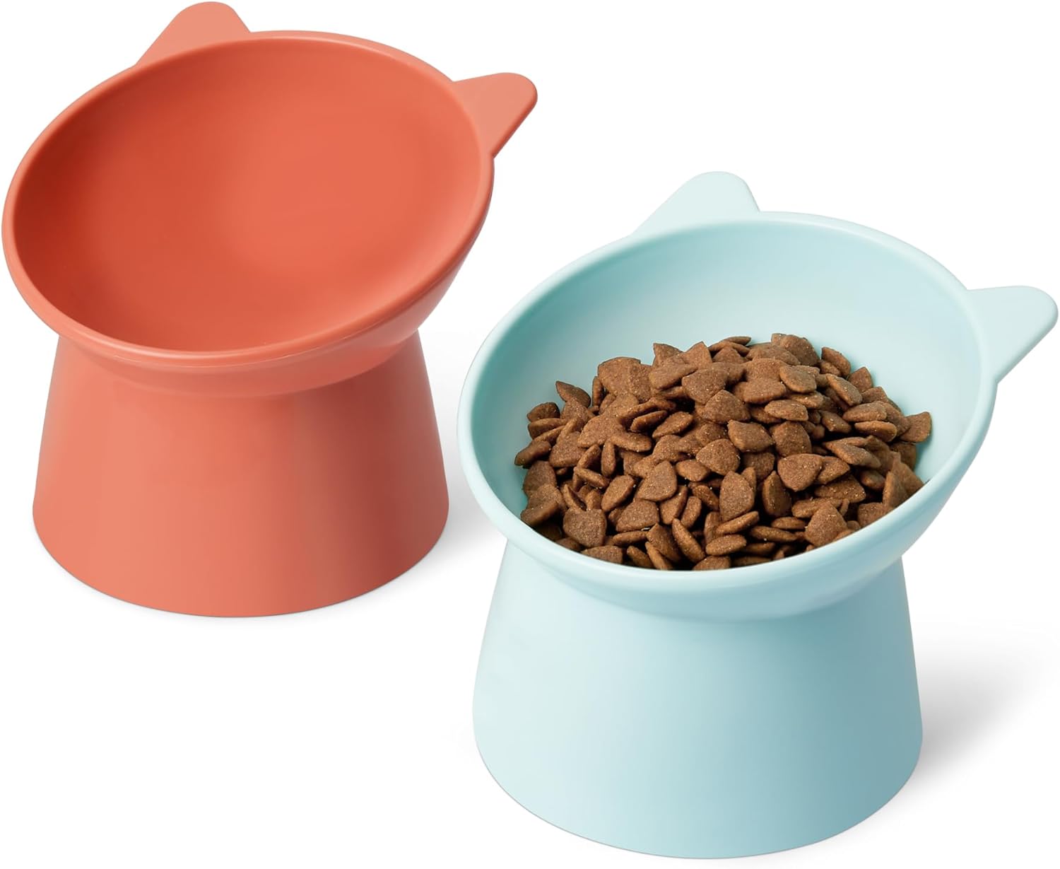 Amazon Basics Raised Cat Feeding Bowls, Cat Ear Shape, Tilted Design, Whisker-Stress Free, 5.2 x 5.2 x 4.5 in, Orange and Blue, 2-Pack