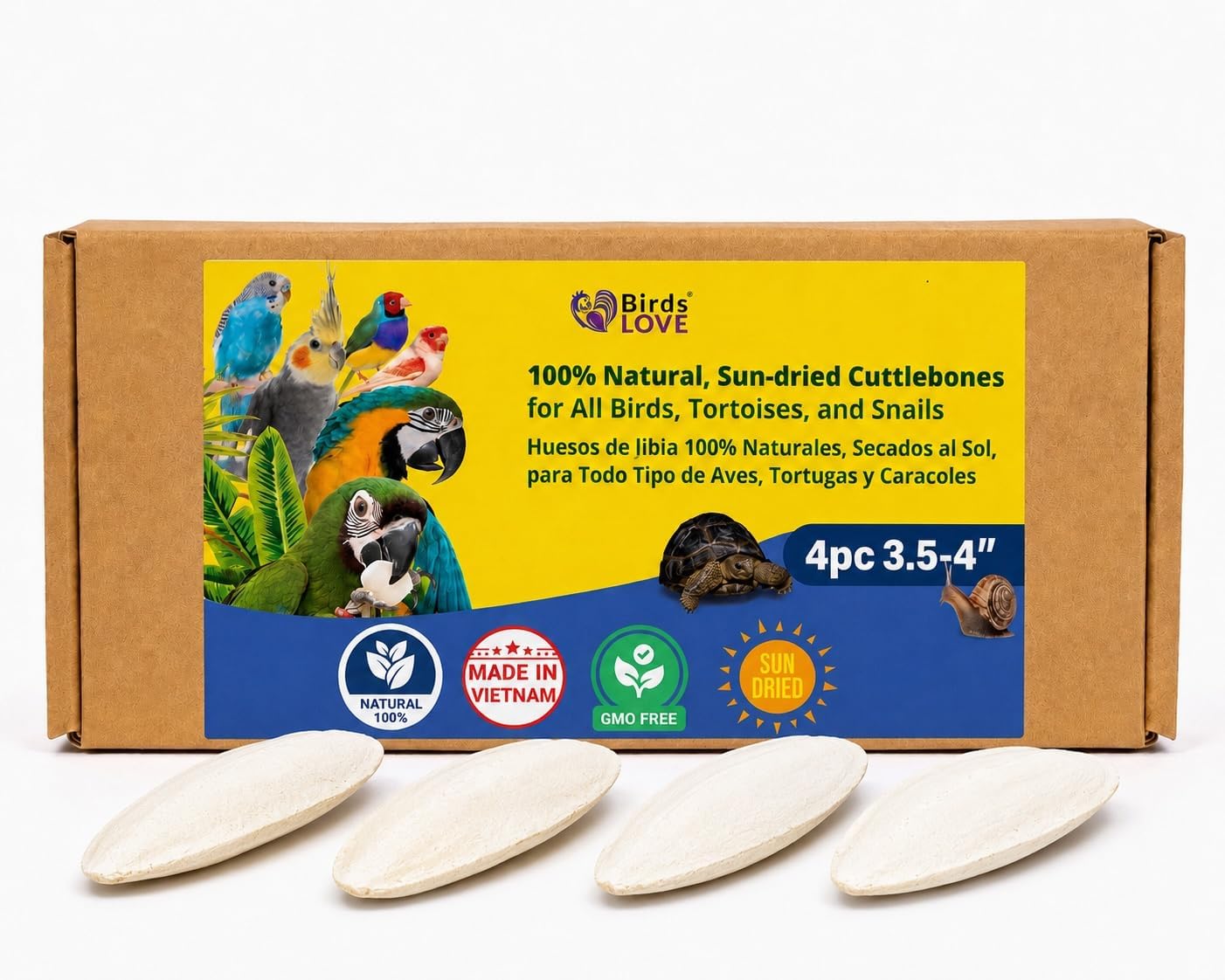 Birds LOVE 3.5-4″ Cuttlebone for Birds – 100% Natural Sun-Dried Calcium &amp; Beak Conditioning Supplement for Parakeets, Budgies, Cockatiels, Finches &amp; Canaries – 4 Pack with Holder – Made in Vietnam