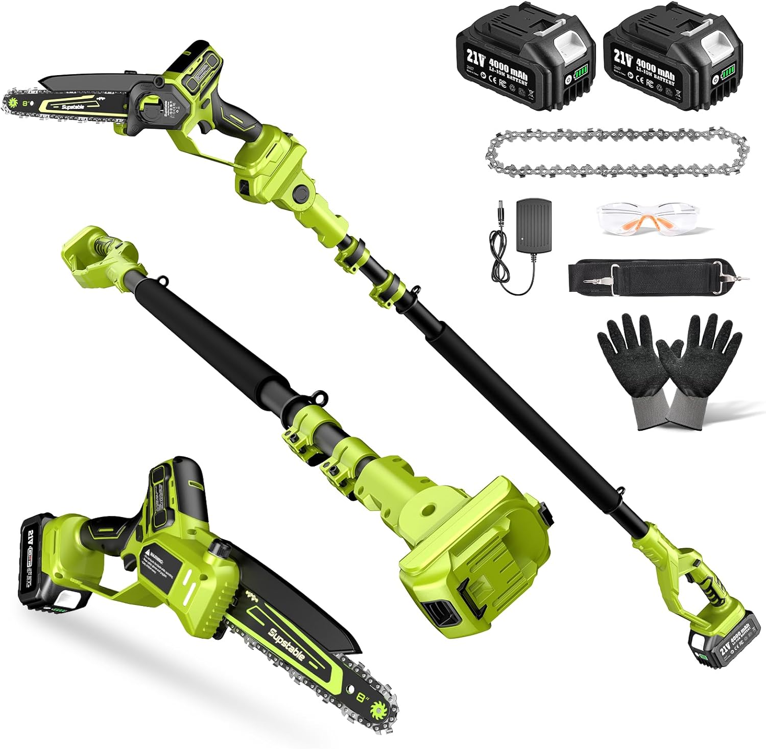 Electric Pole Saws for Tree Trimming, 8 Inch & 6 Inch Mini Chainsaw Cordless with Extension Pole, 16Ft Reach, 2x4.0Ah Battery, Auto Oiling, Tool-Free Chain Tensioning, Tree Trimmer for Branch Limb Cut