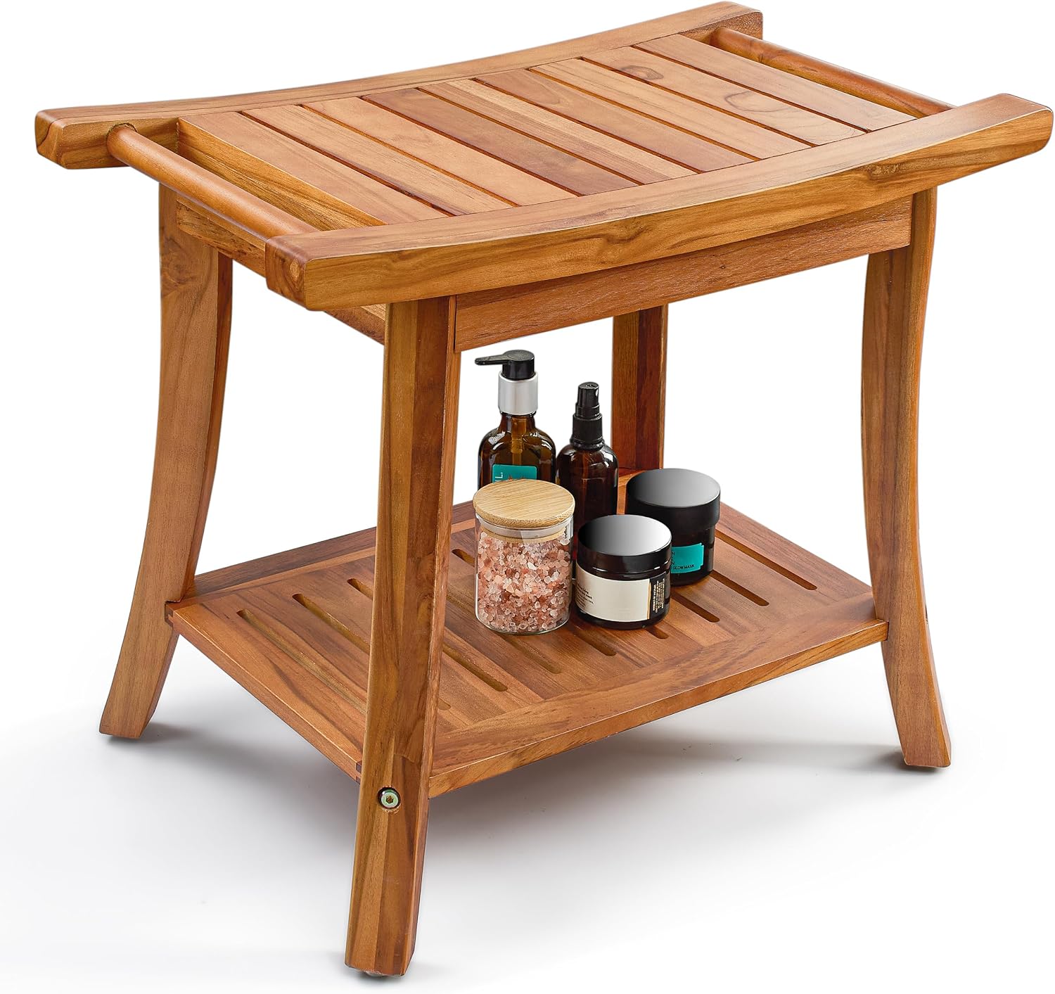 TINAMO 22' Teak L Shower Bench Seat for Inside Shower, 400Lbs Capacity | Solid Teak Wood, Sturdy 400 LBS Capacity, Slatted Design, Built-In Shelf & Handles, Non-Slip, Water-Resistant, Versatile Use