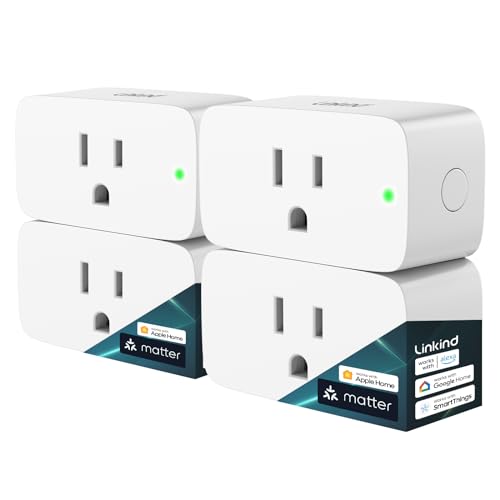 Linkind Matter Smart Plug, Work with Apple Home, Alexa, Siri, Google Home | Smart Outlet Timer & Schedule, Smart Home Automation, 15A/1800W, APP Remote Control, ETL Certified, 2.4G Wi-Fi Only, 4 Pack