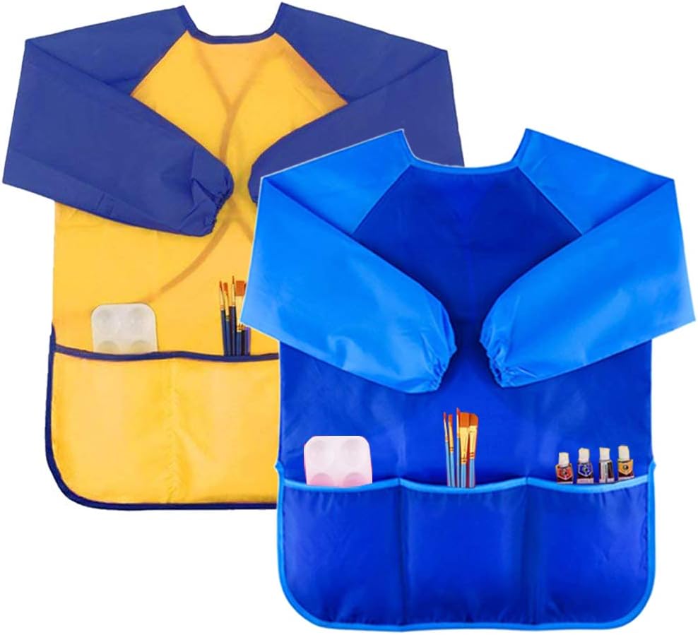 Zkptops 2 Pack Kids Art Smock Colorful Waterproof Children Art Aprons Artist Painting Aprons with Long Sleeve 3 Roomy Pockets for Age 3-7 Years,Yellow and Blue